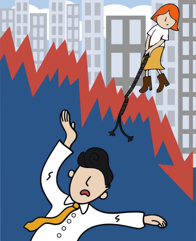 A cartoon of a man falling off a red arrow