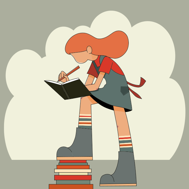 A girl is writing on a stack of books