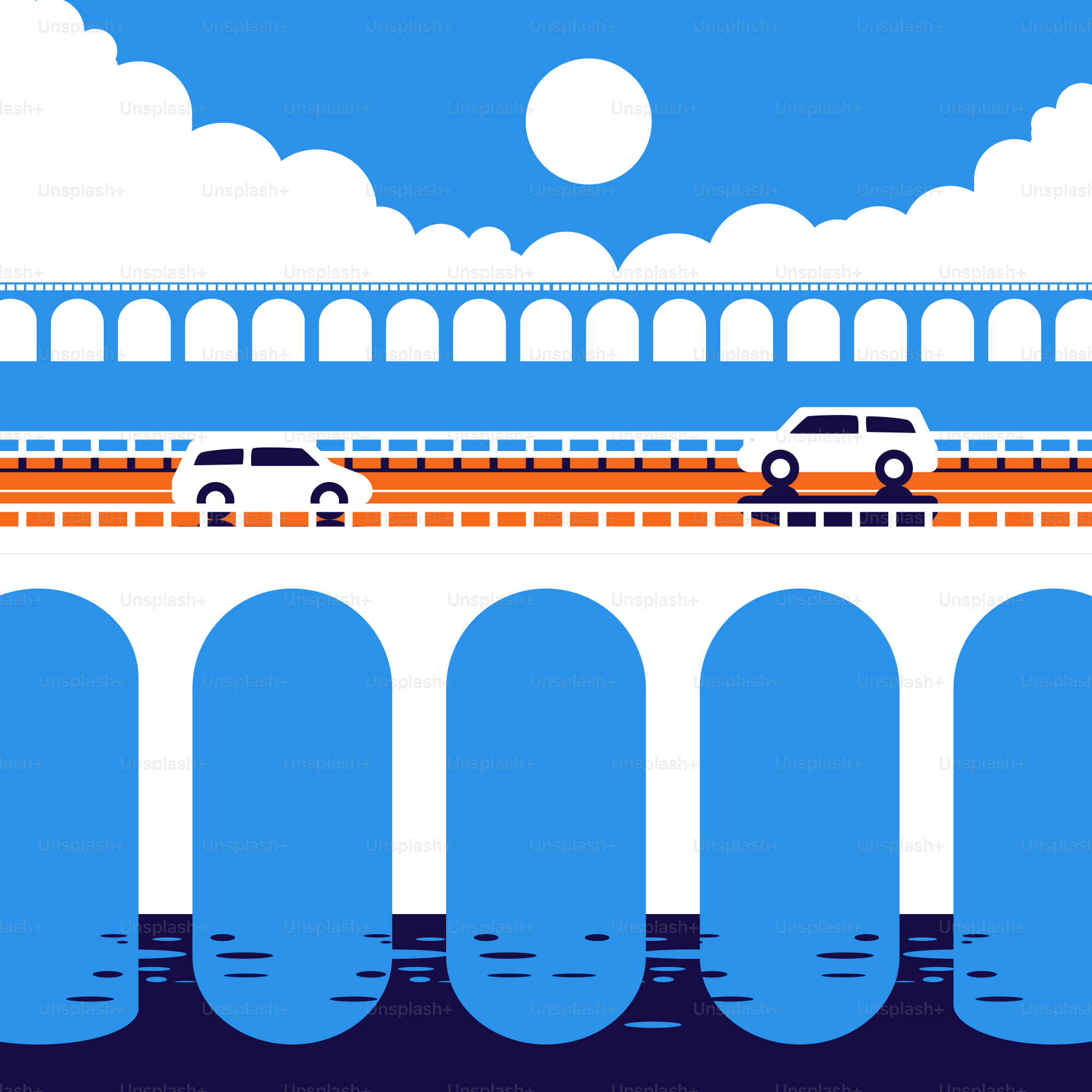 Two cars driving on a bridge with a sky background