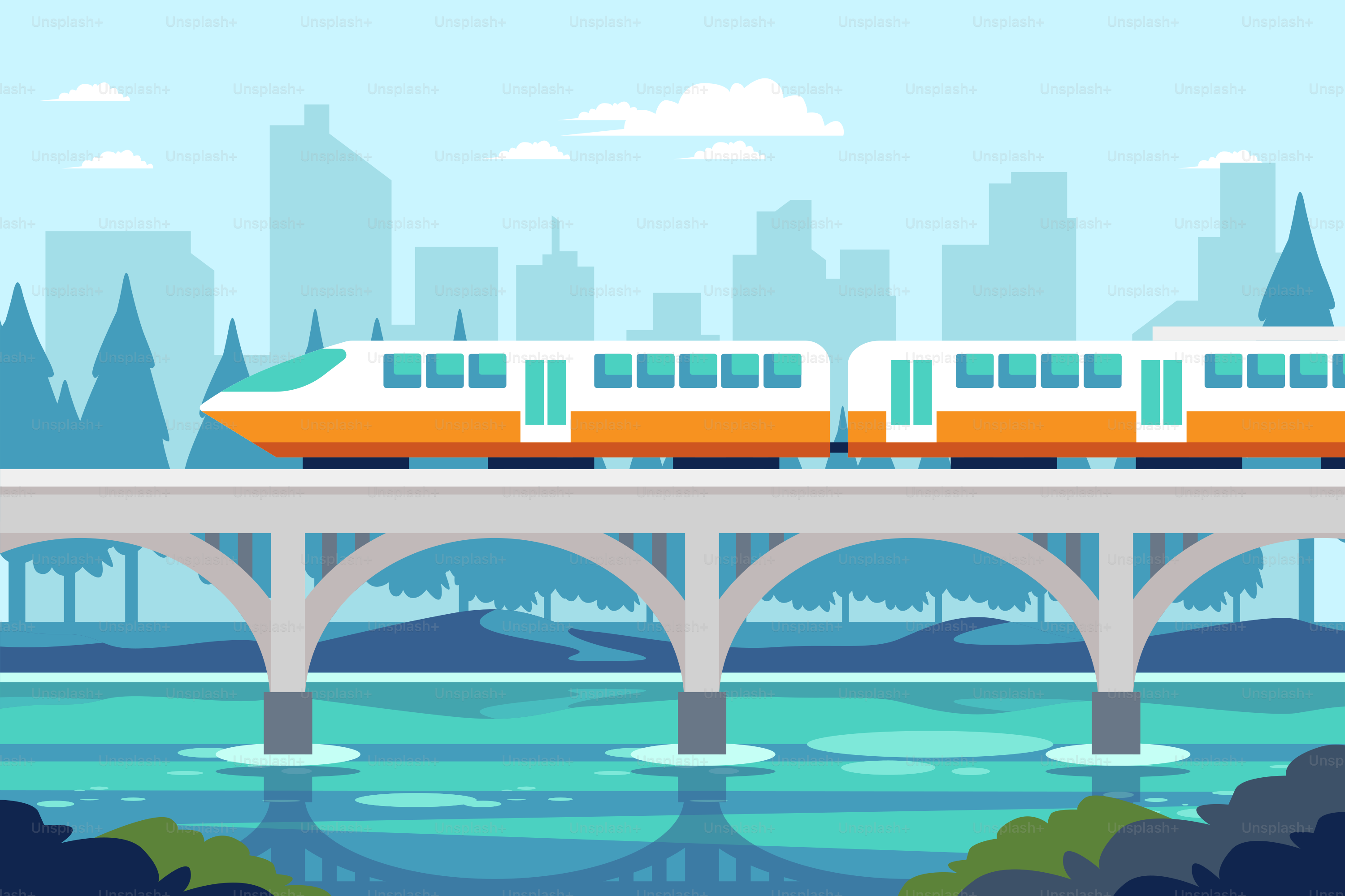 A train traveling over a bridge over a river