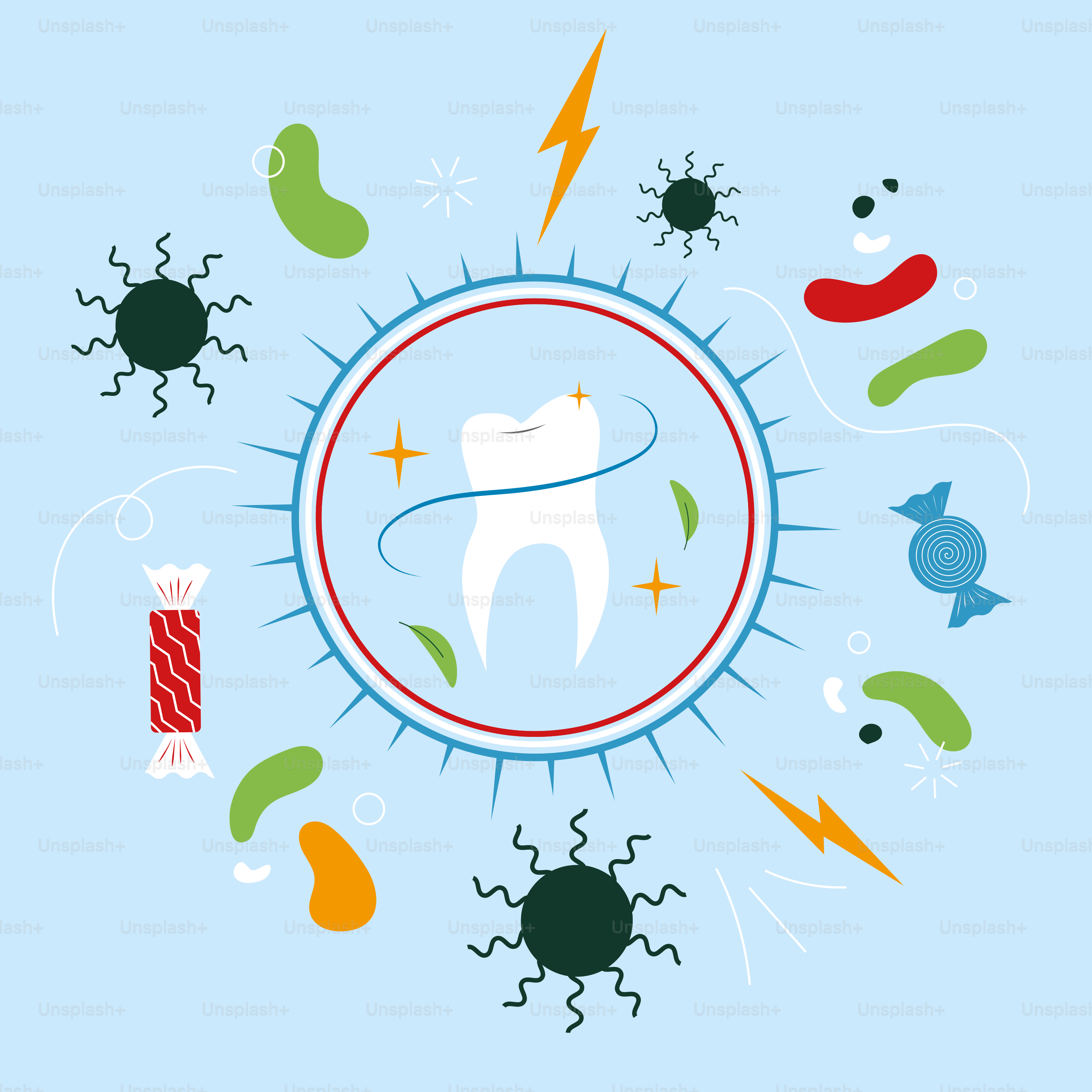 A cartoon tooth surrounded by different types of teeth