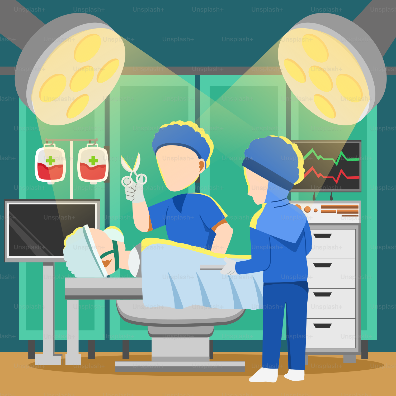 A couple of people standing around a hospital room