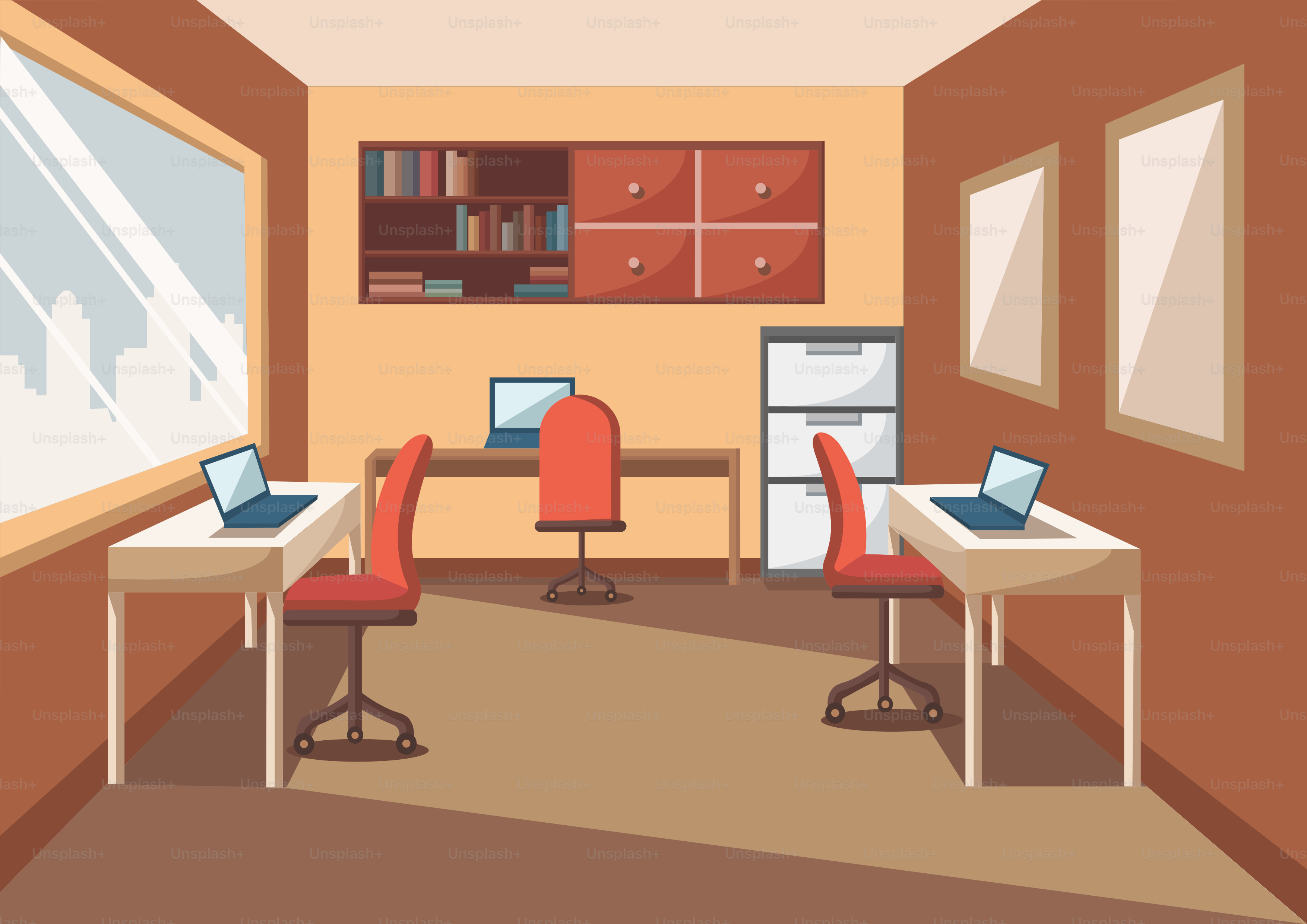 A room with two desks and a computer