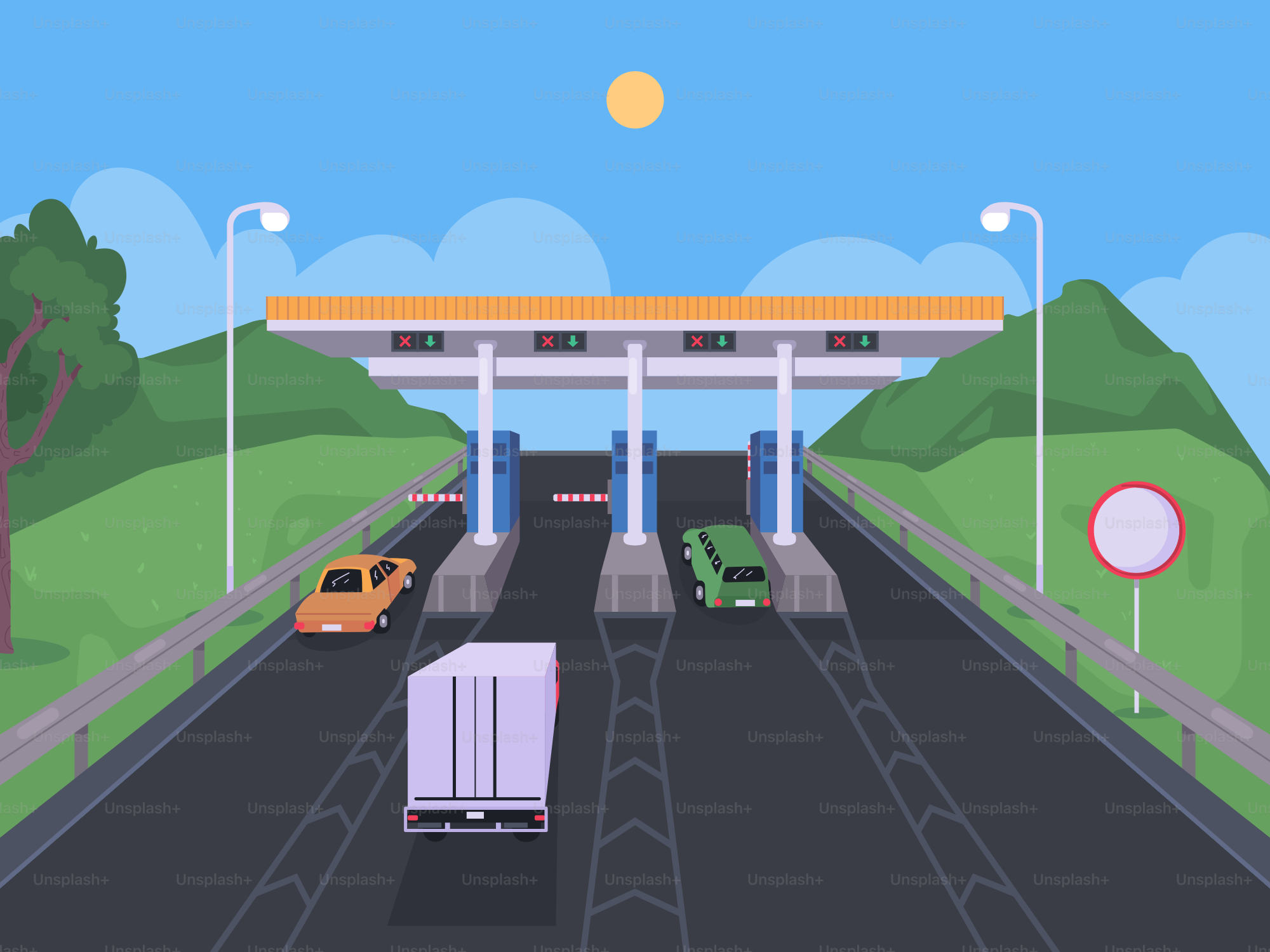 Sebuah mobil melaju di jalan raya di sebelah jembatan