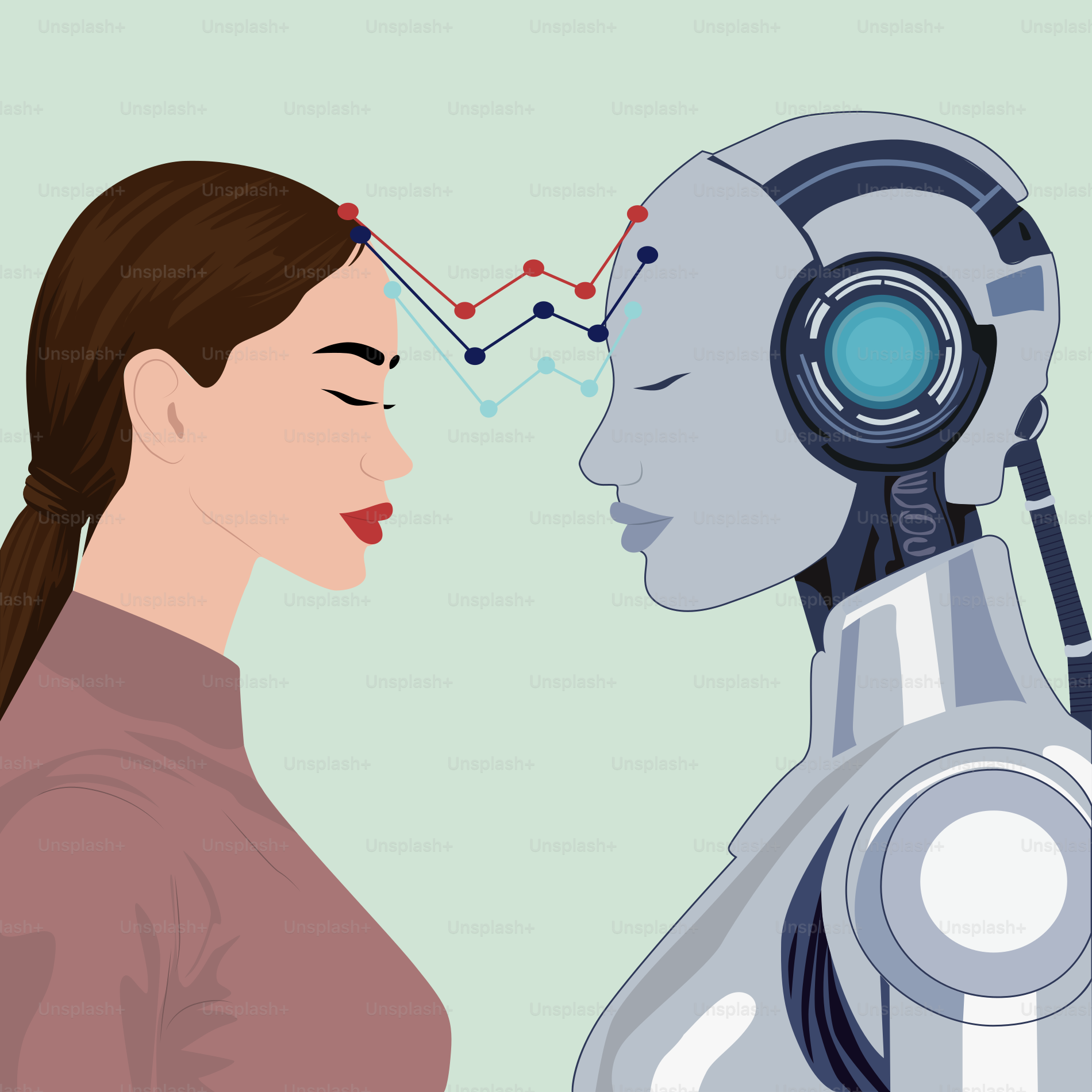 Une femme debout à côté d’un robot qui la regarde