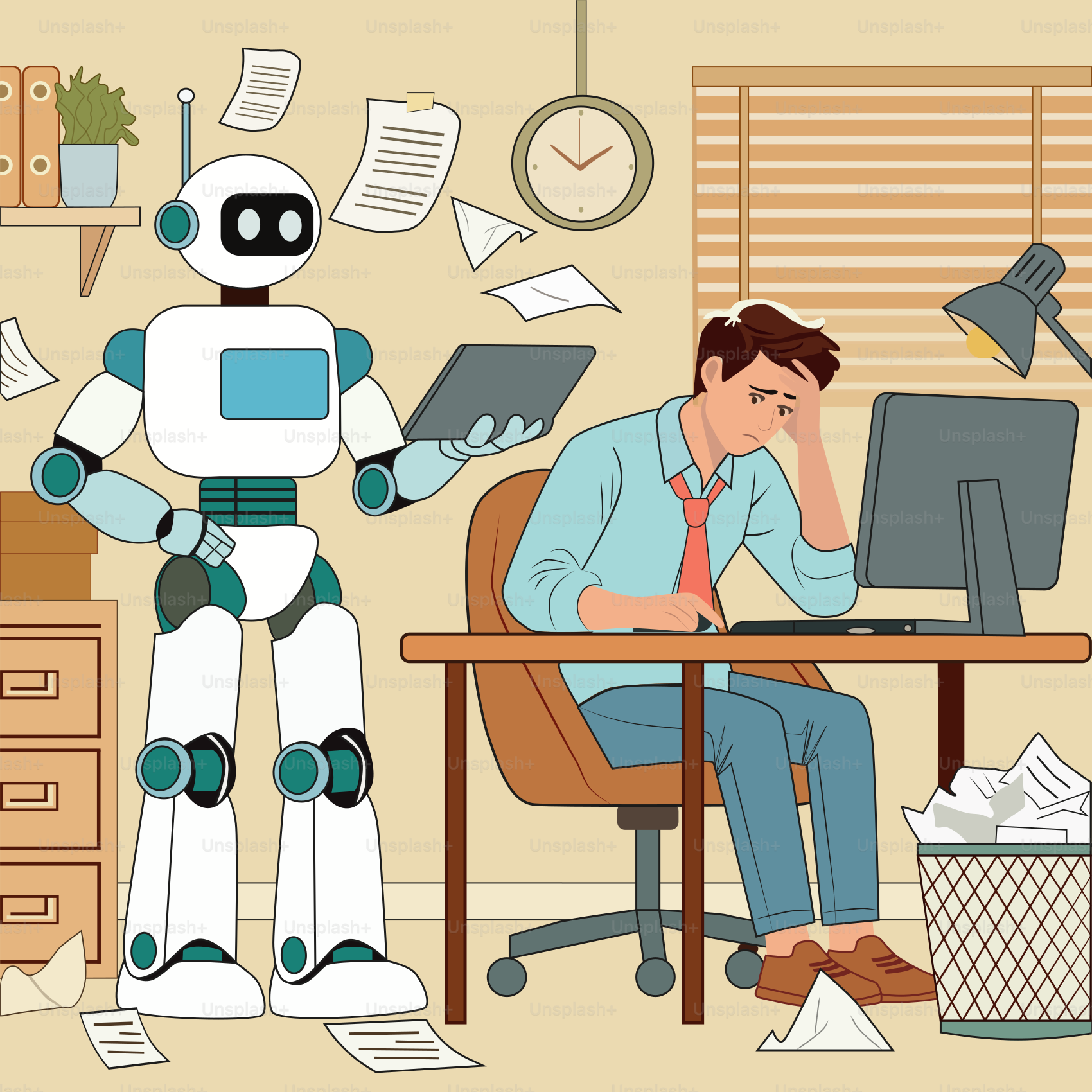 A man sitting at a desk with a robot next to him