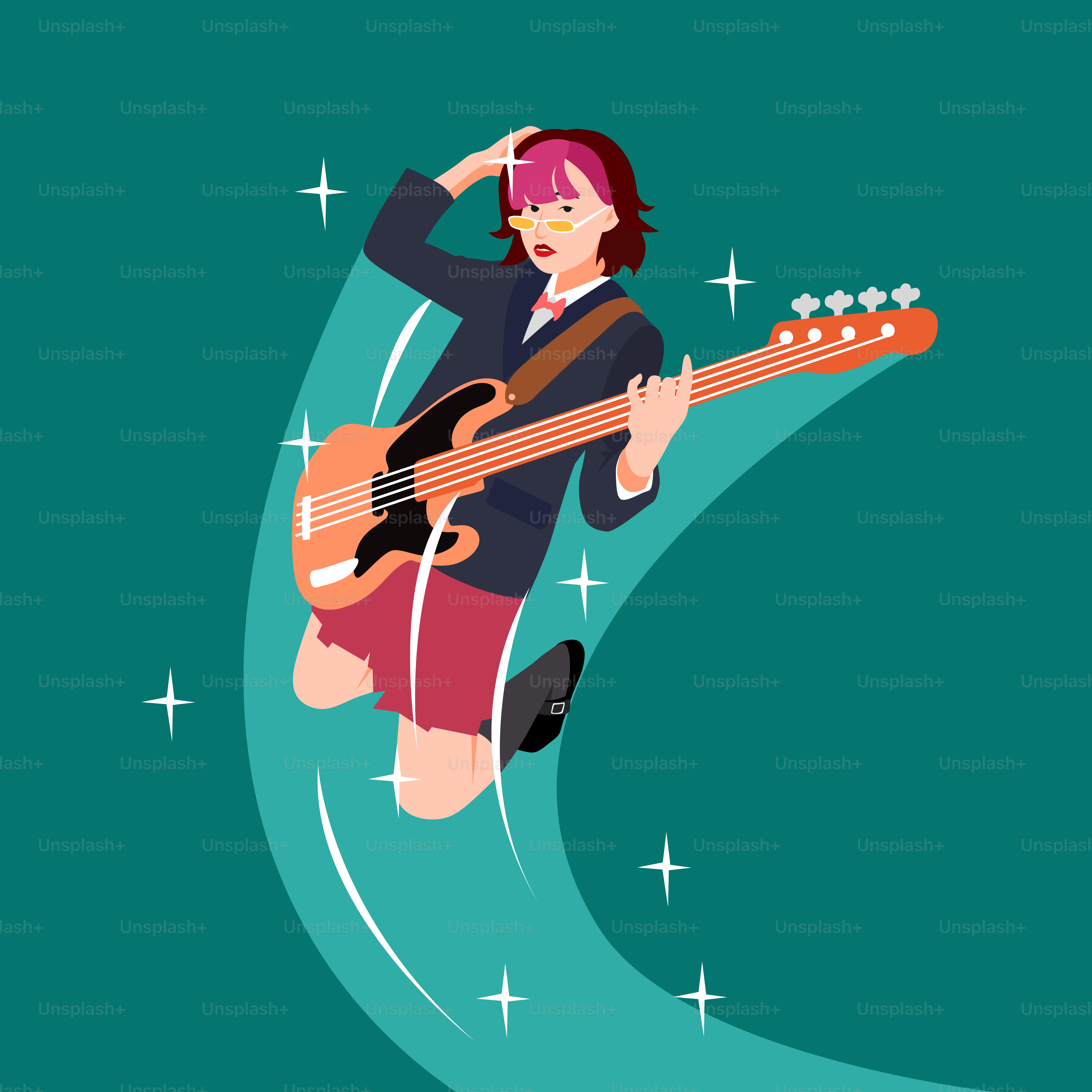 Una mujer tocando una guitarra en la cima de una ola