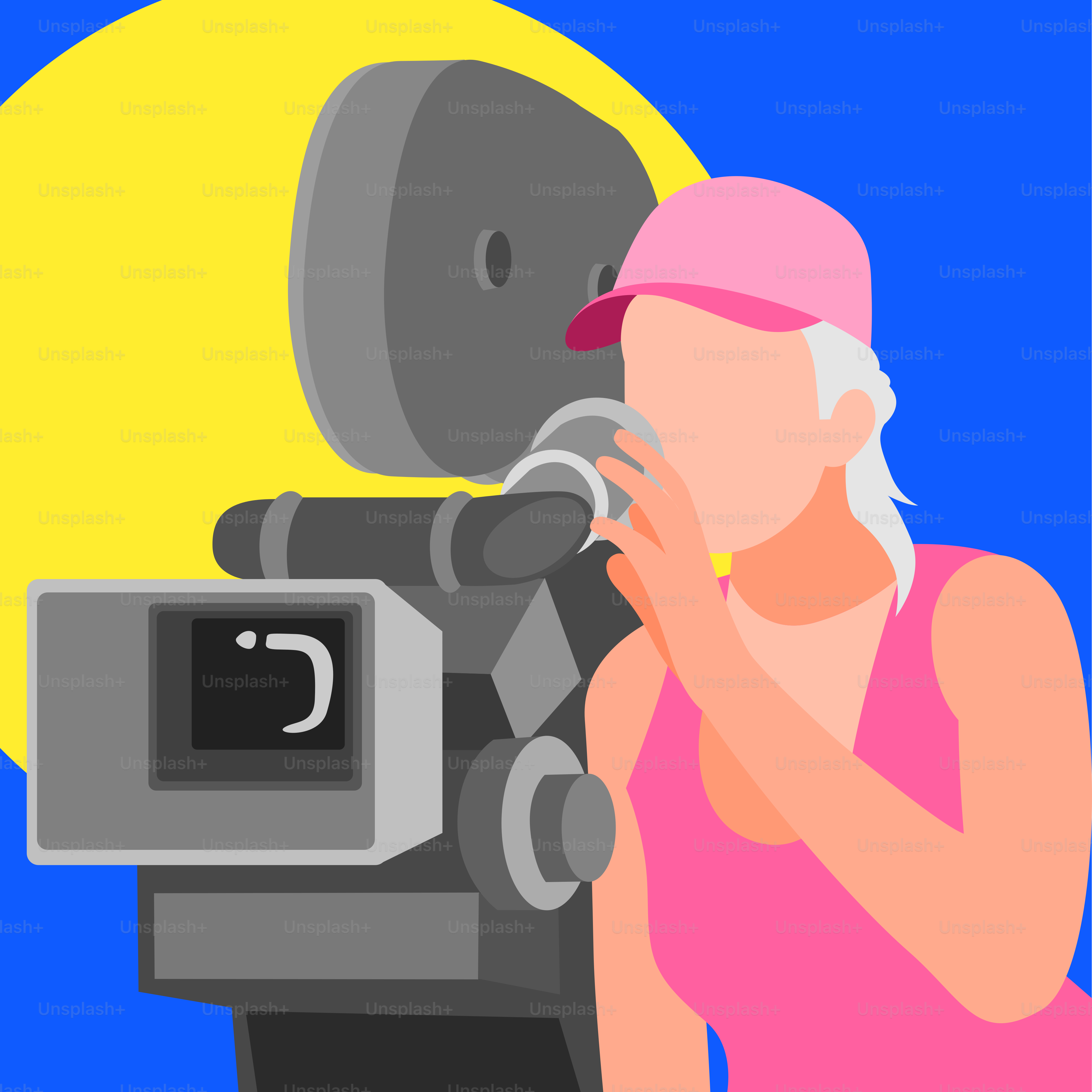 A woman in a pink shirt is looking at a camera