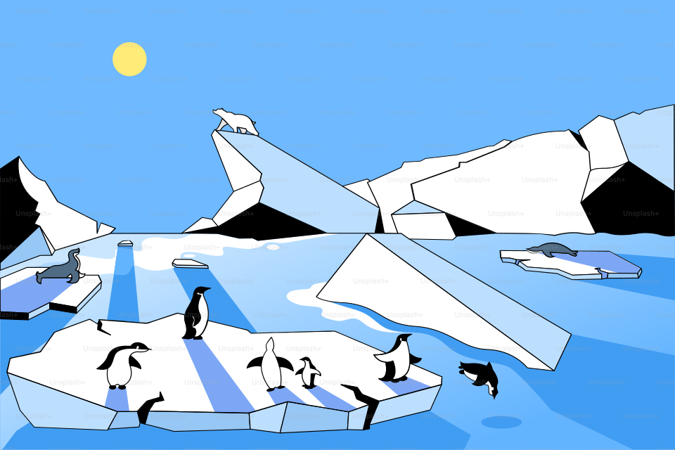 Um grupo de pinguins caminhando sobre um iceberg