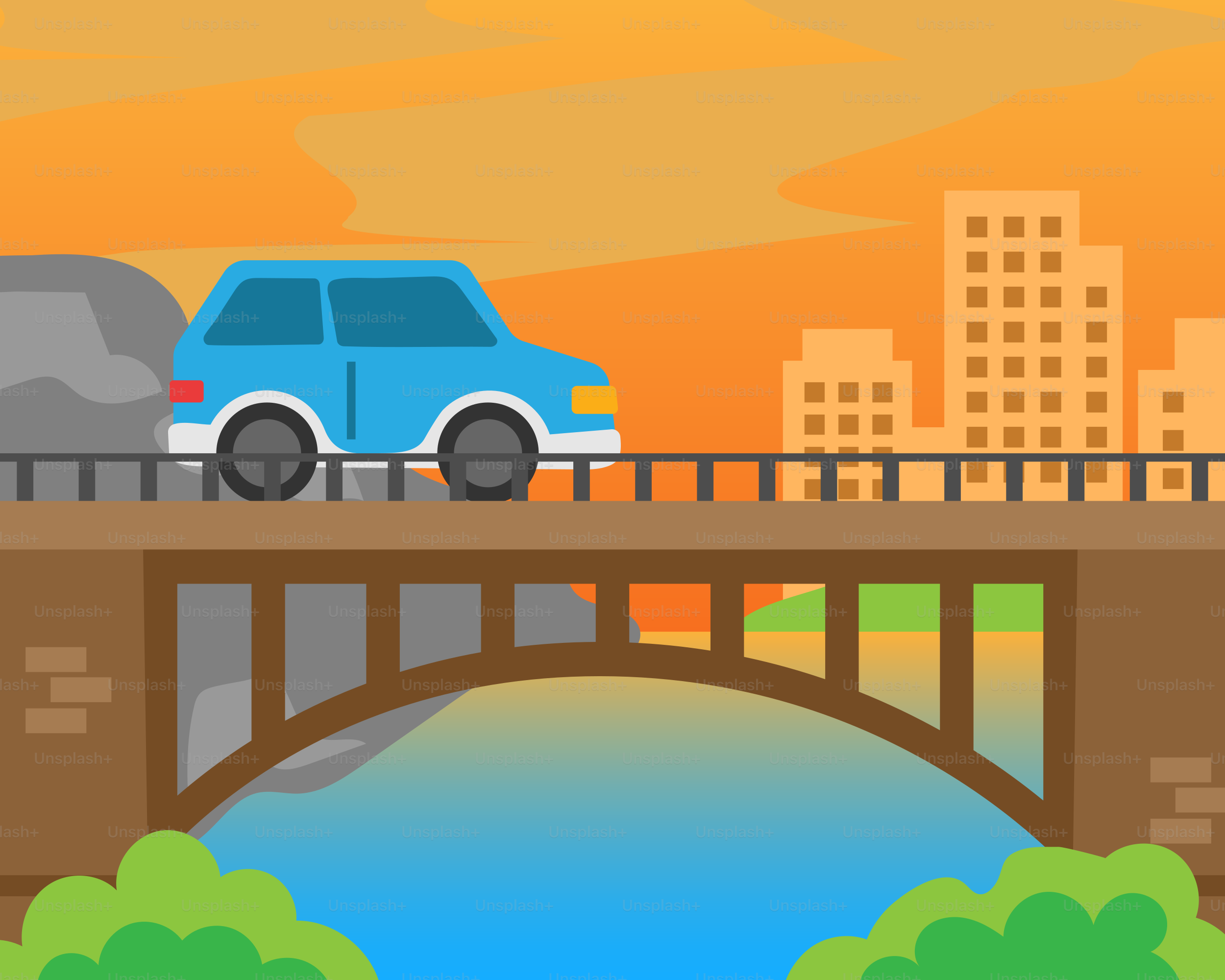 A blue car driving across a bridge over a river