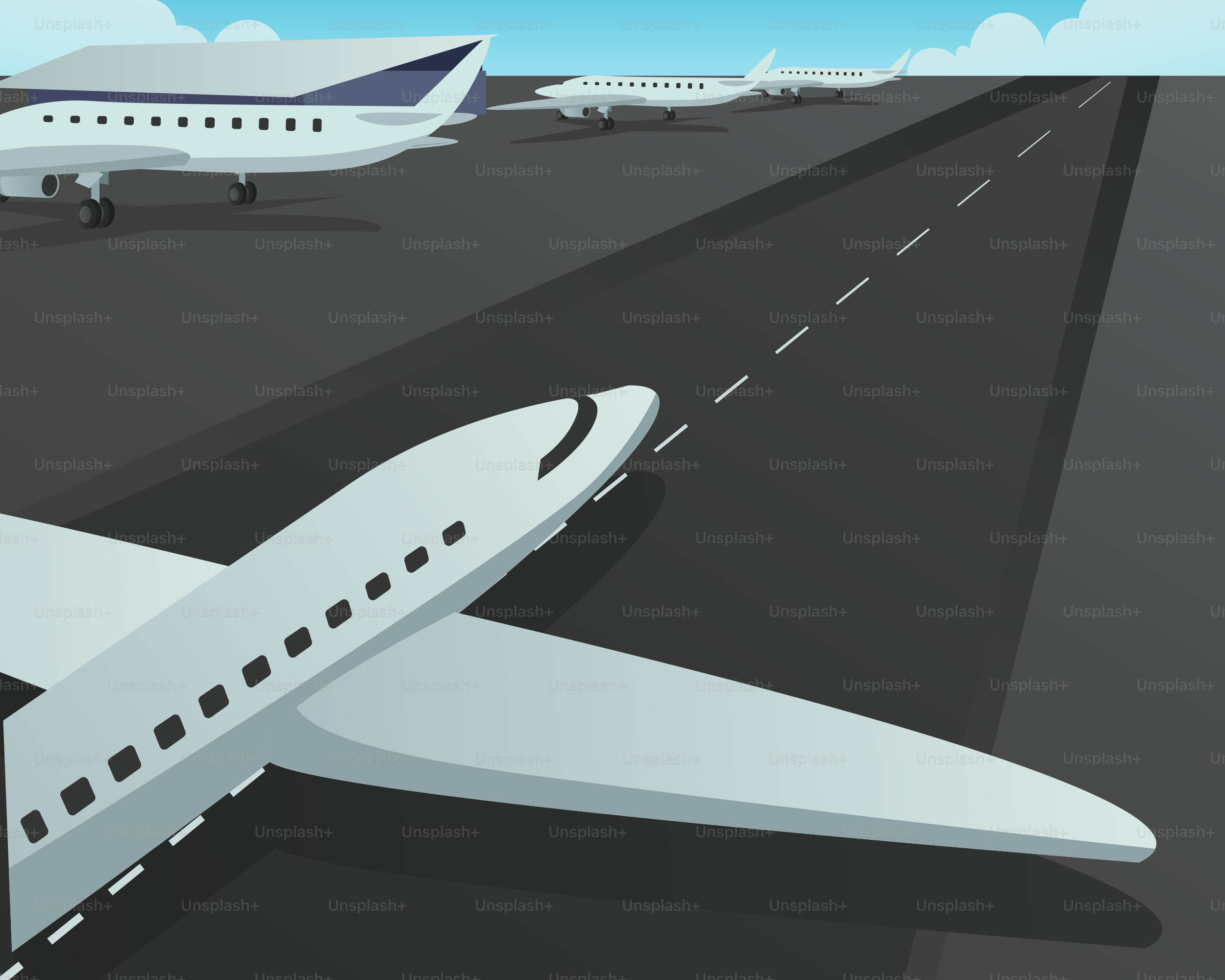 A white airplane is on a runway with another plane in the background