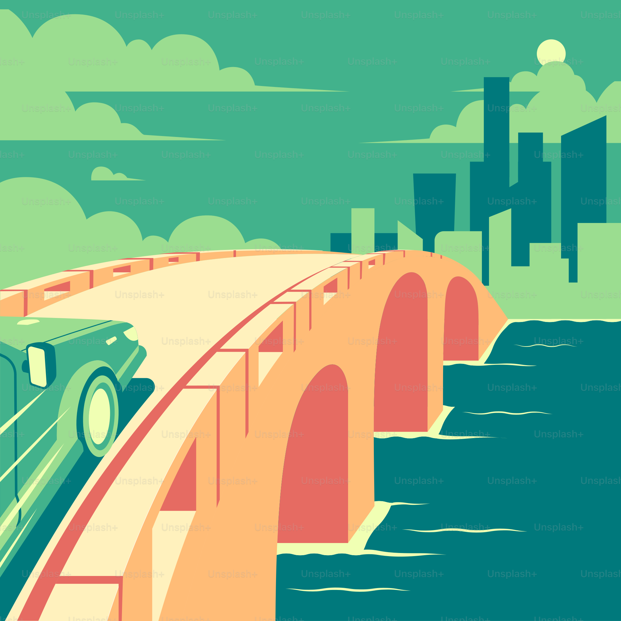 Ein grünes Auto fährt über eine Brücke