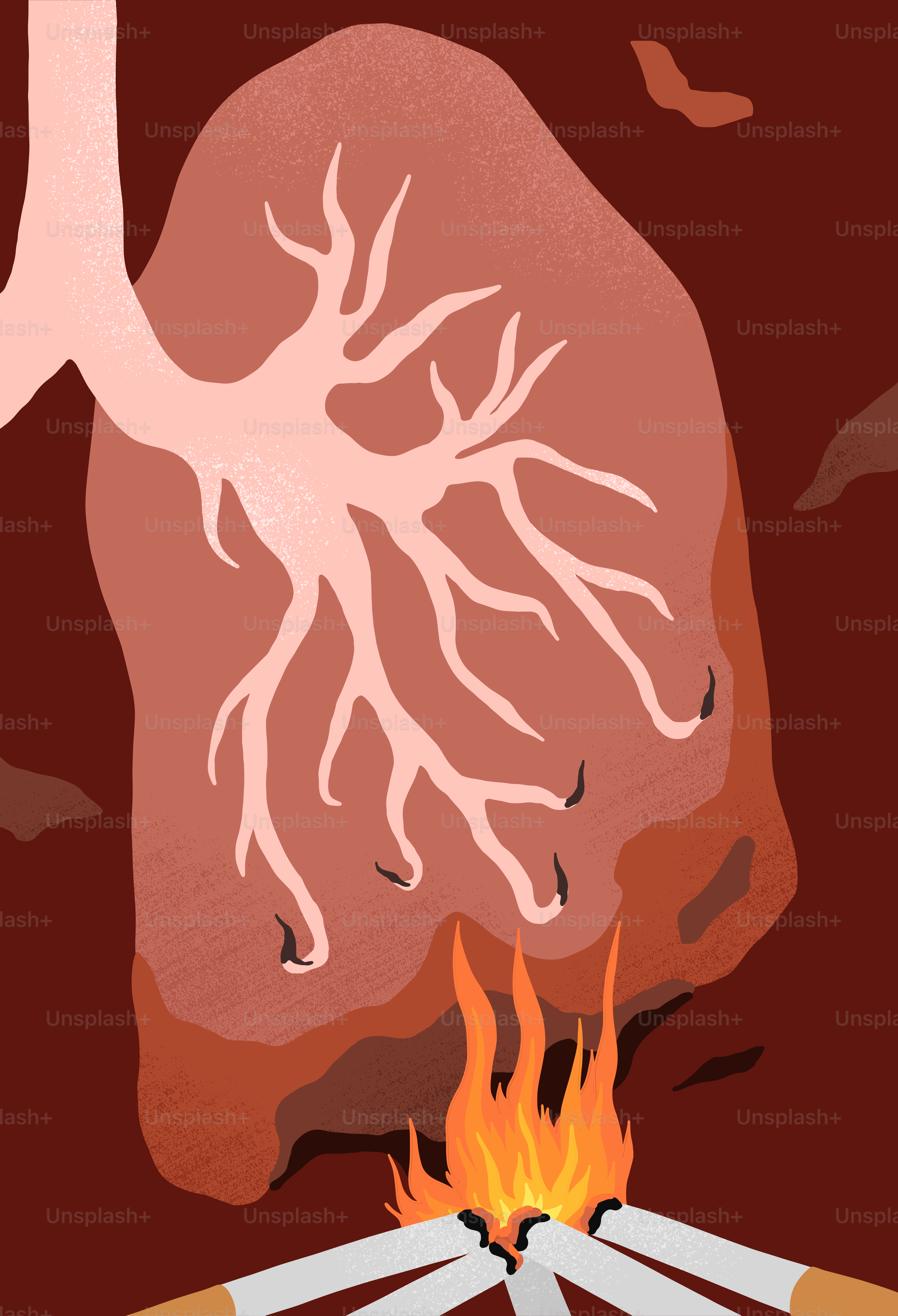 A drawing of a lung with a bunch of cigarettes in front of it