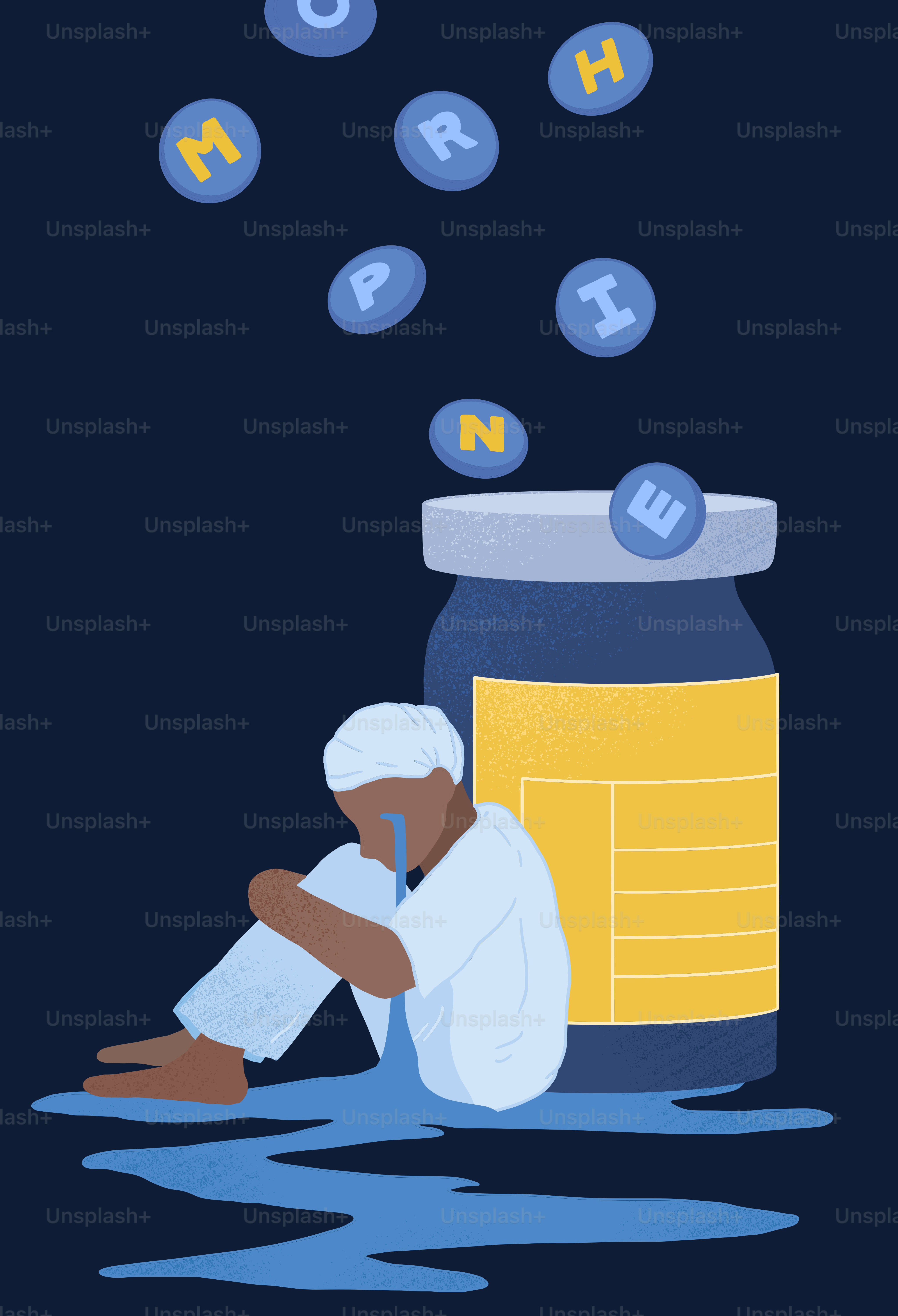 Un homme assis dans l’eau à côté d’un bocal de pilules