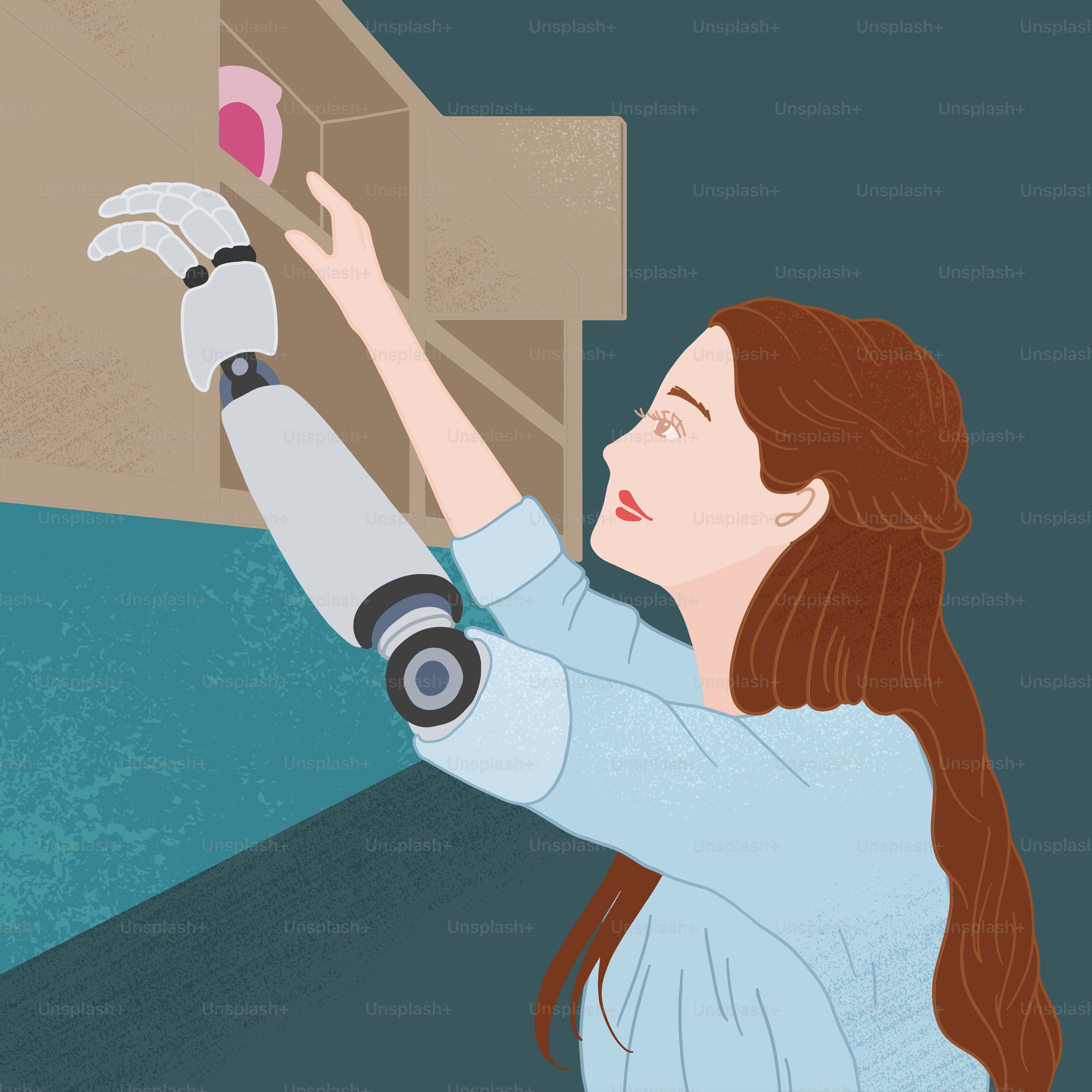 A woman in a blue shirt is holding a pink object