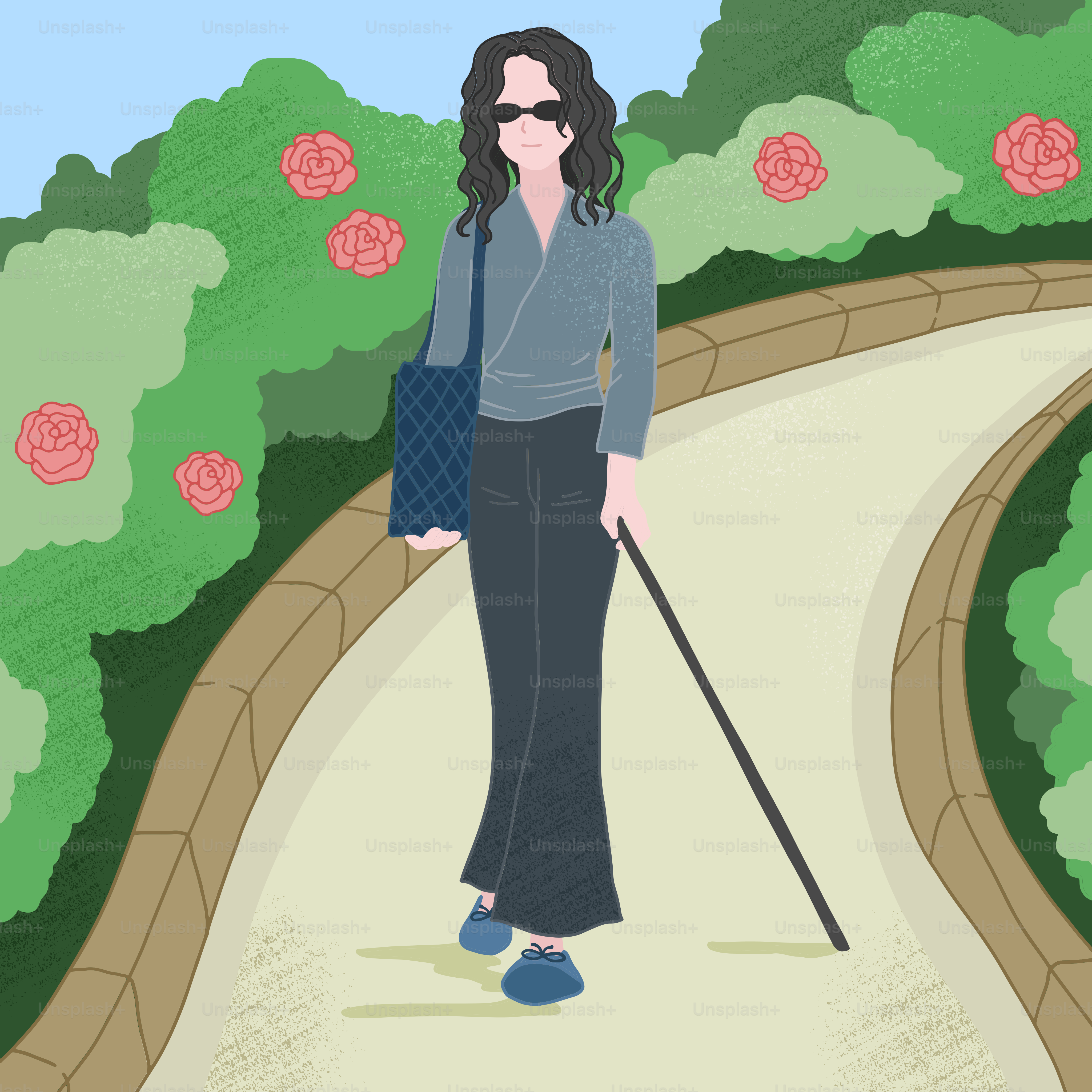 A woman walking down a path with a cane