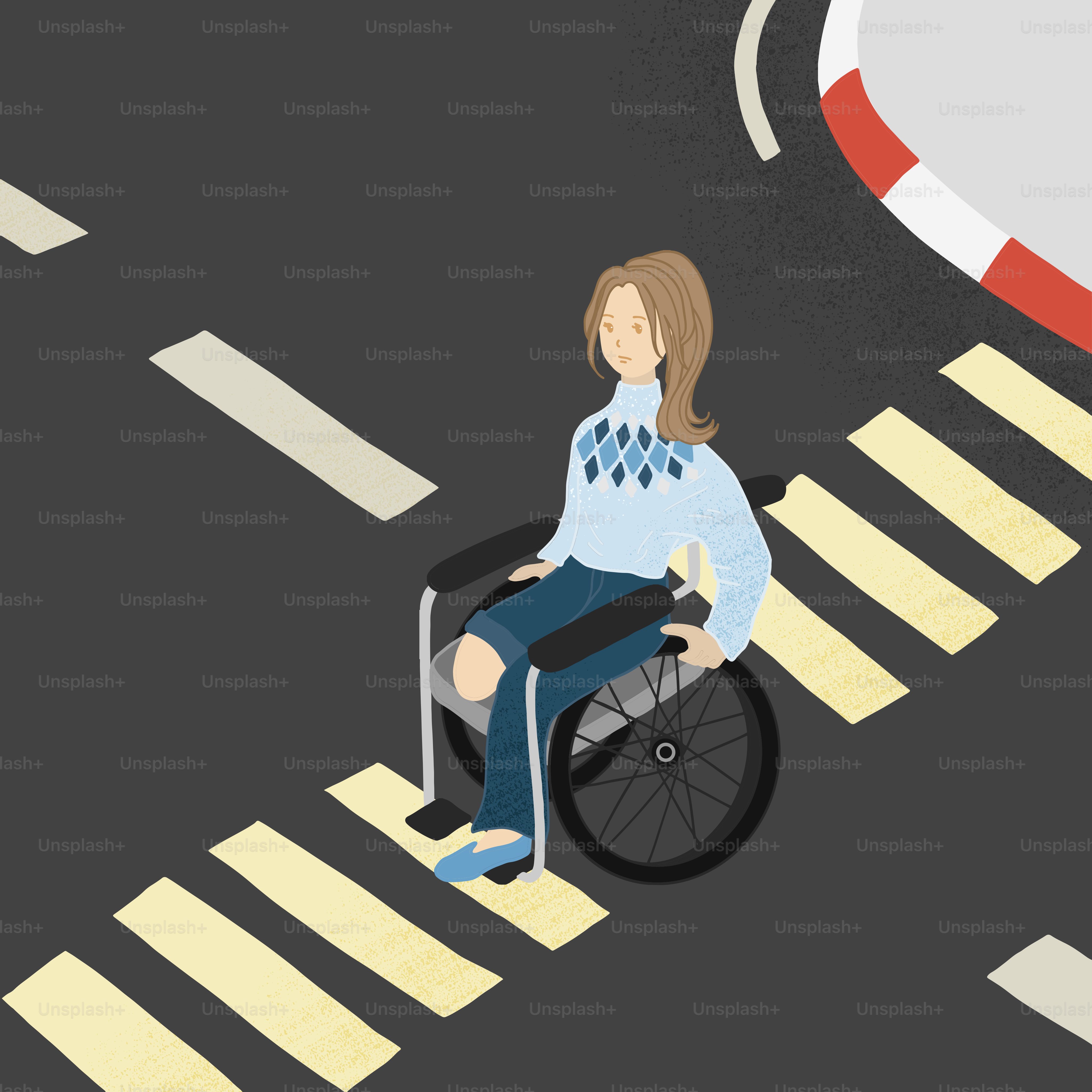 A woman in a wheelchair crossing a street