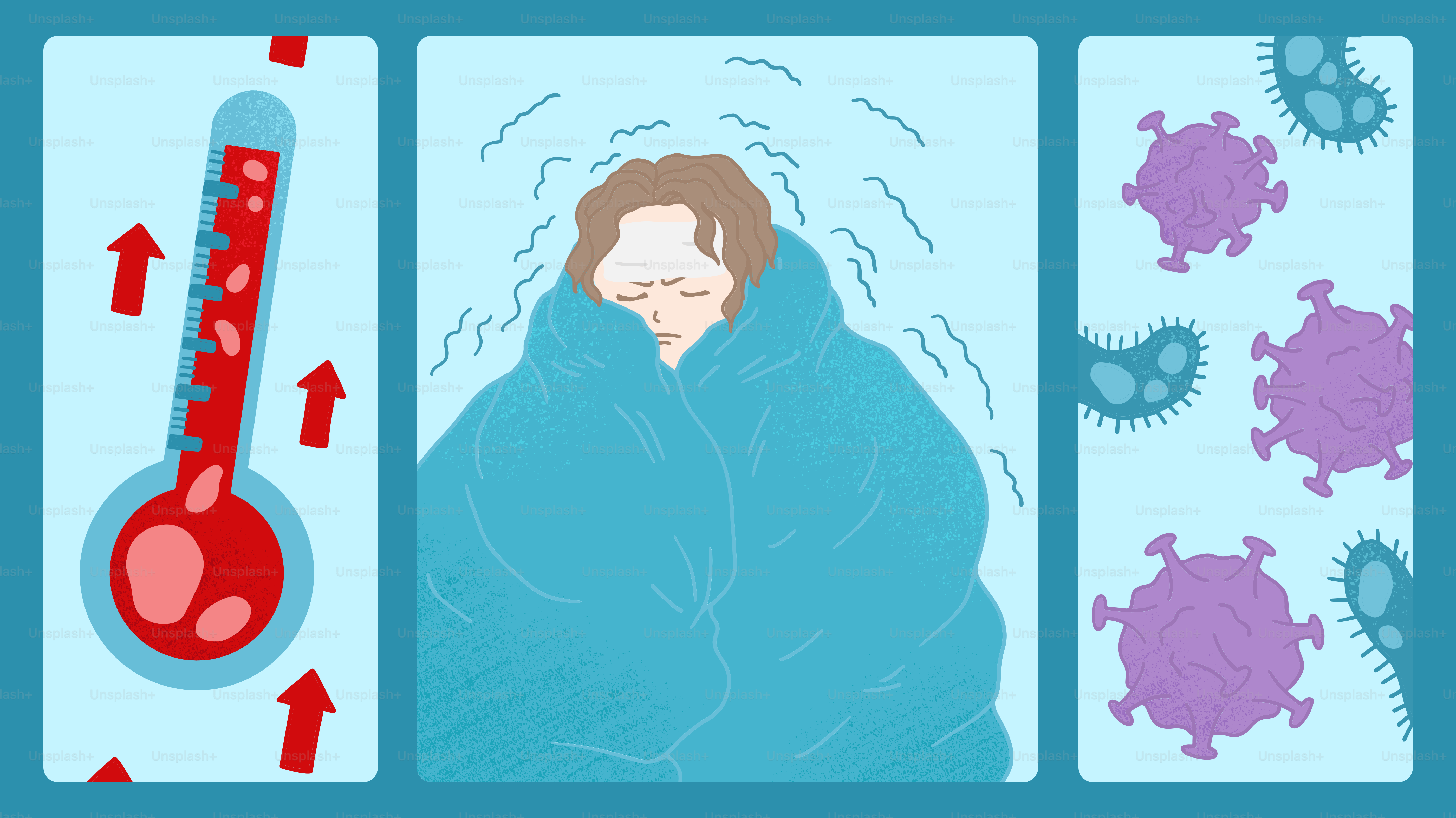 A woman wrapped in a blanket next to a thermometer