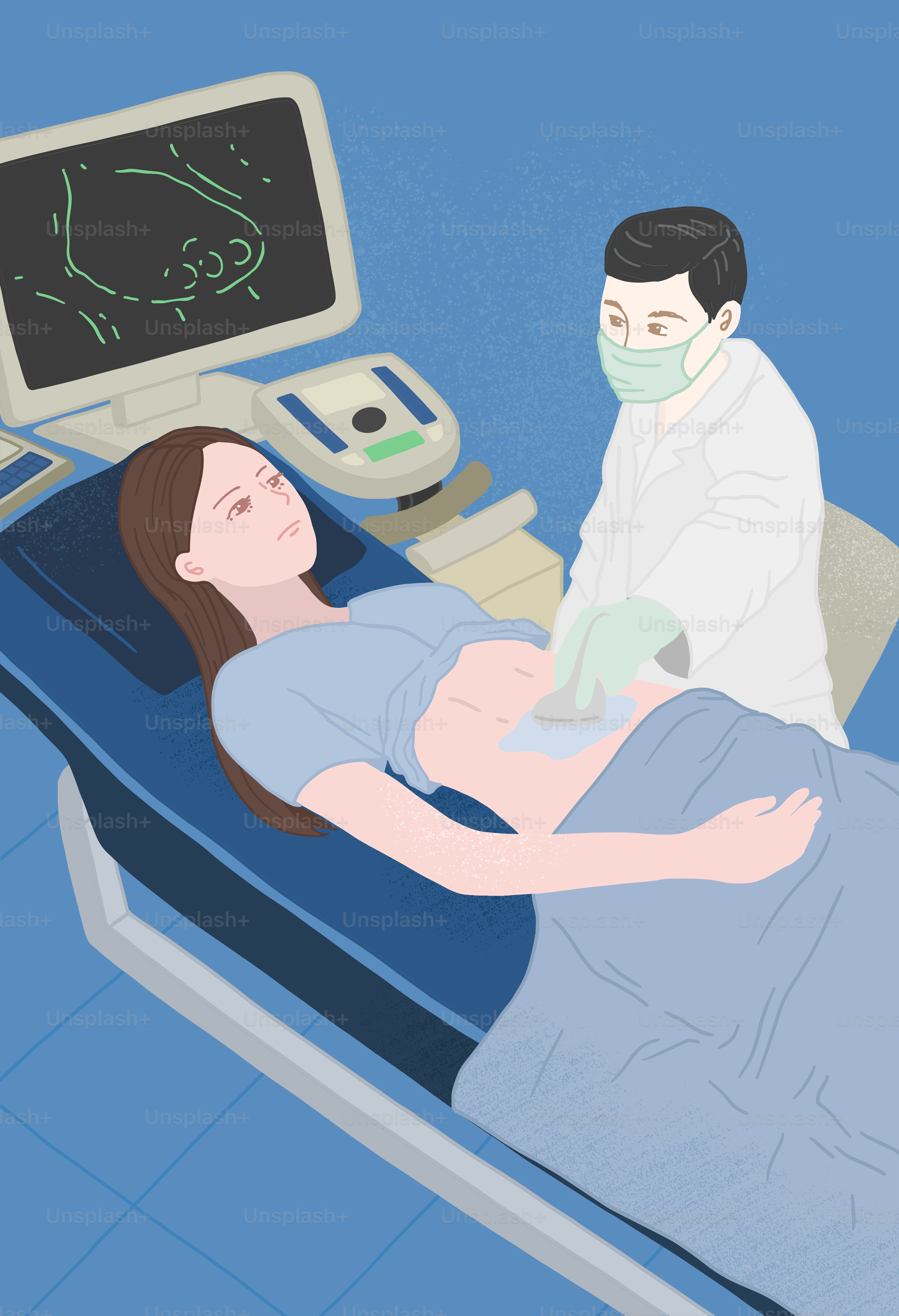 A woman laying in a hospital bed with a man in the background