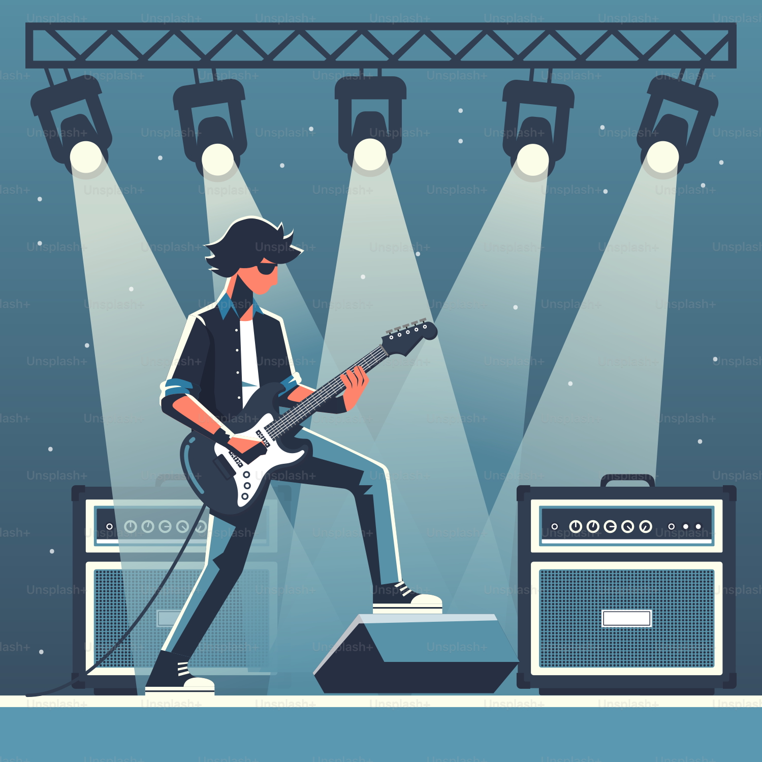 Un hombre tocando la guitarra delante de un escenario