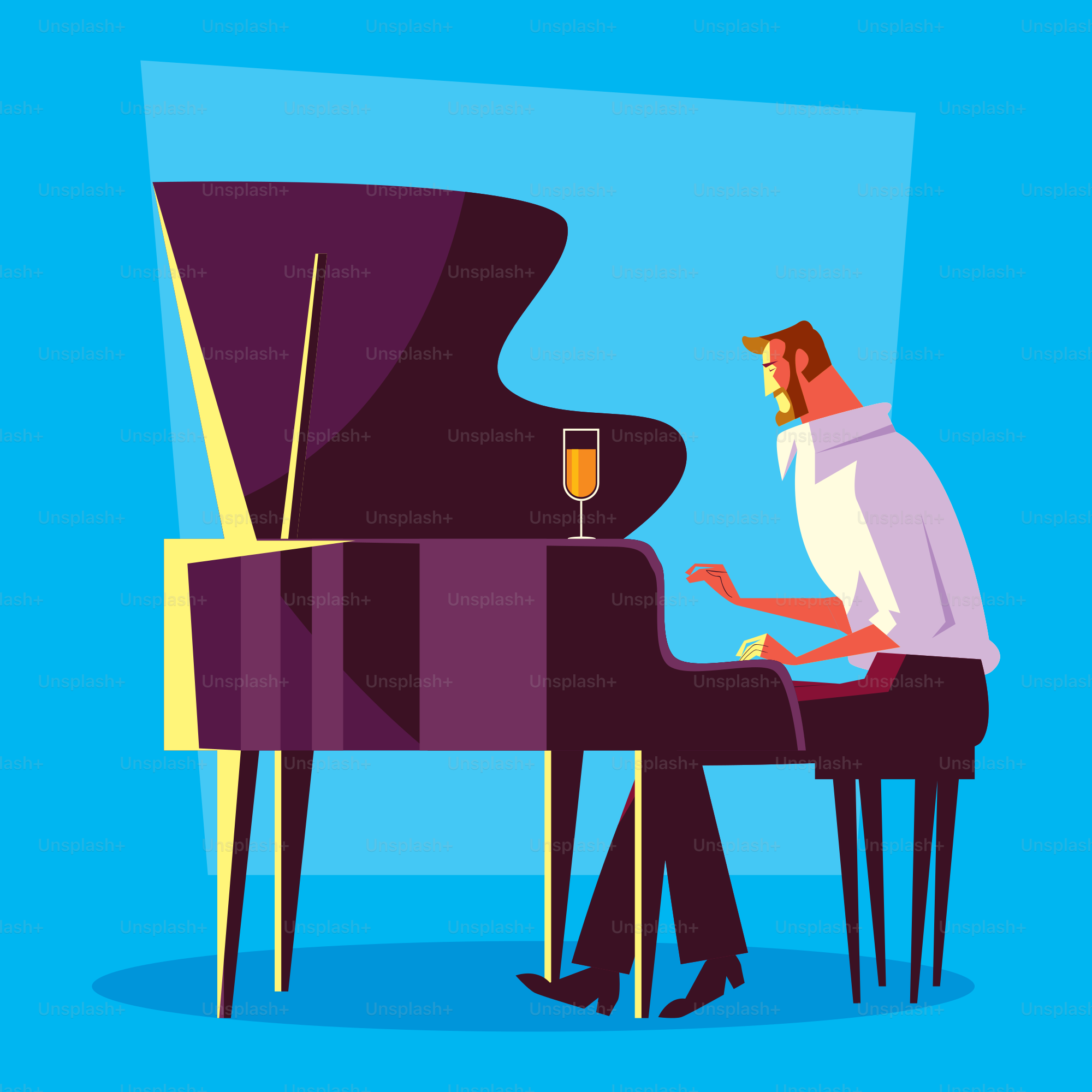 Ein Mann sitzt mit einem Glas Wein an einem Klavier