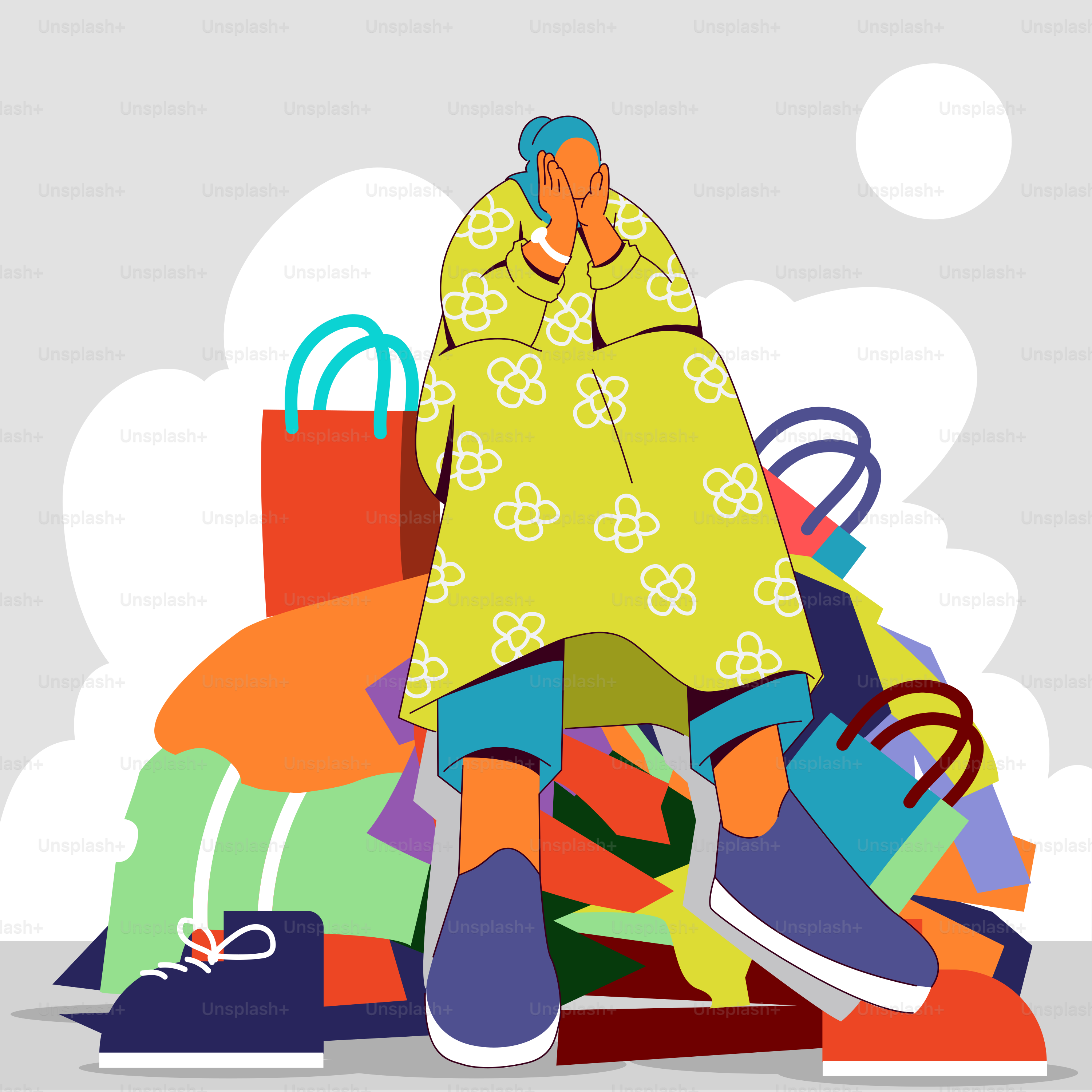 A woman sitting on top of a pile of shoes