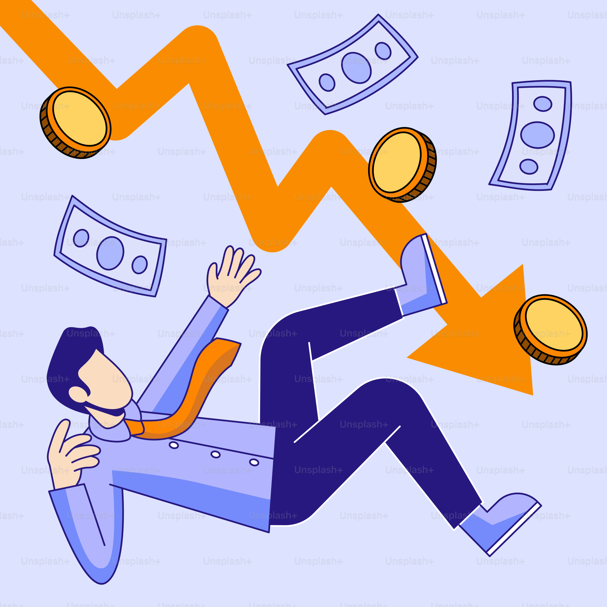 A man falling to the ground with money coming out of his head