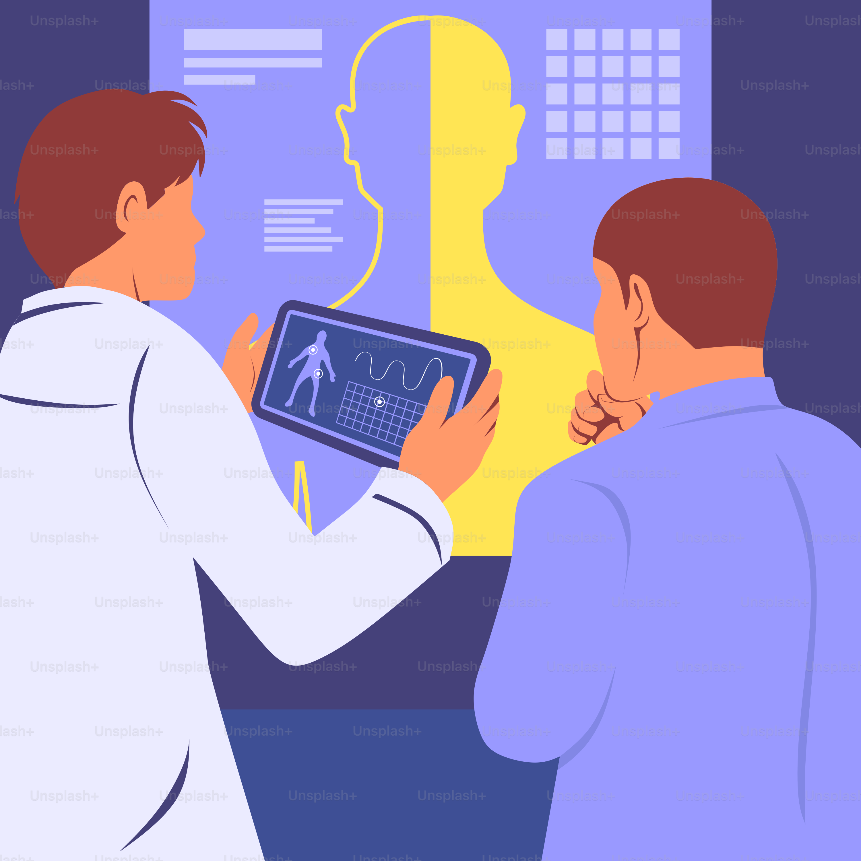 Two men are looking at a tablet screen