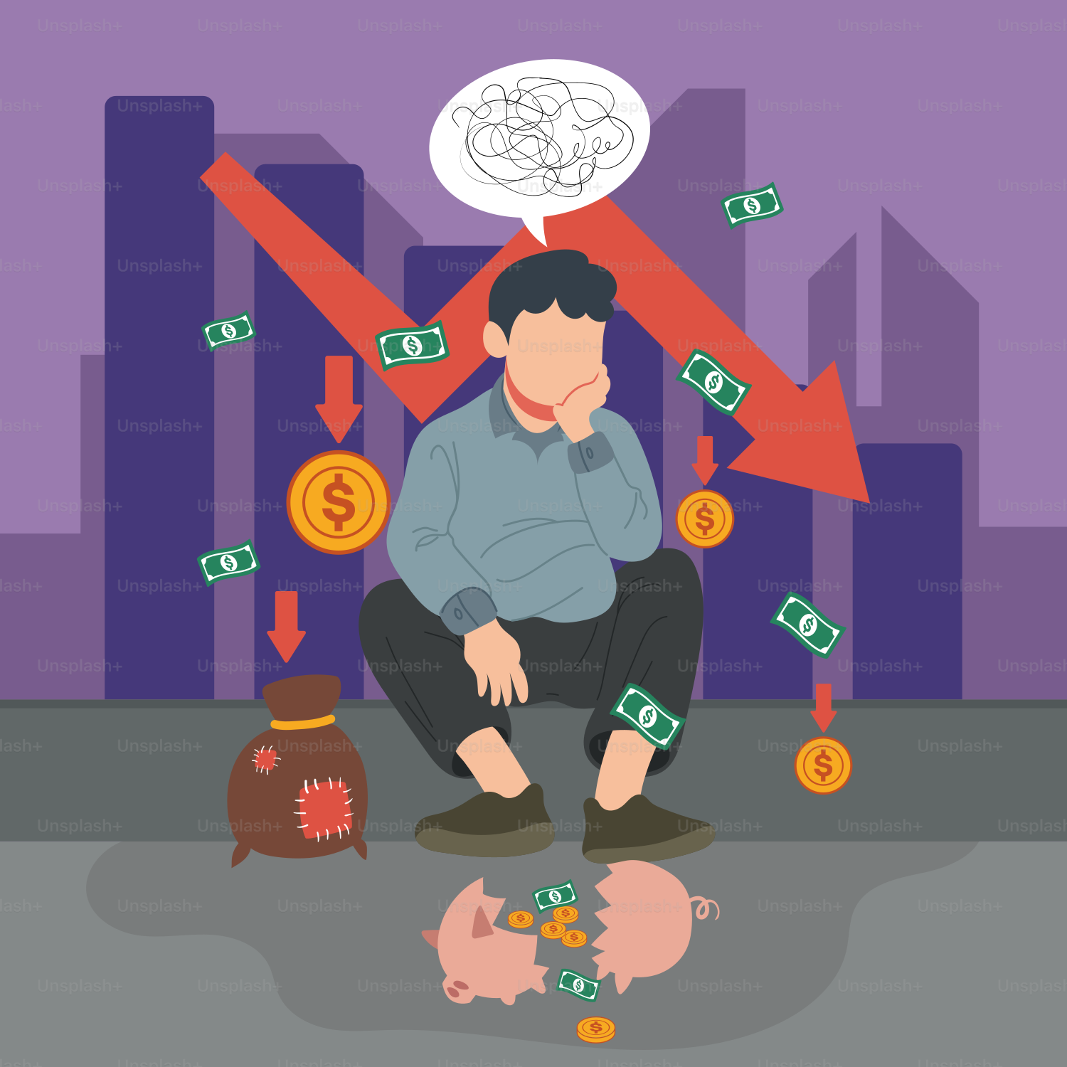 A man sitting on the ground in front of a piggy bank