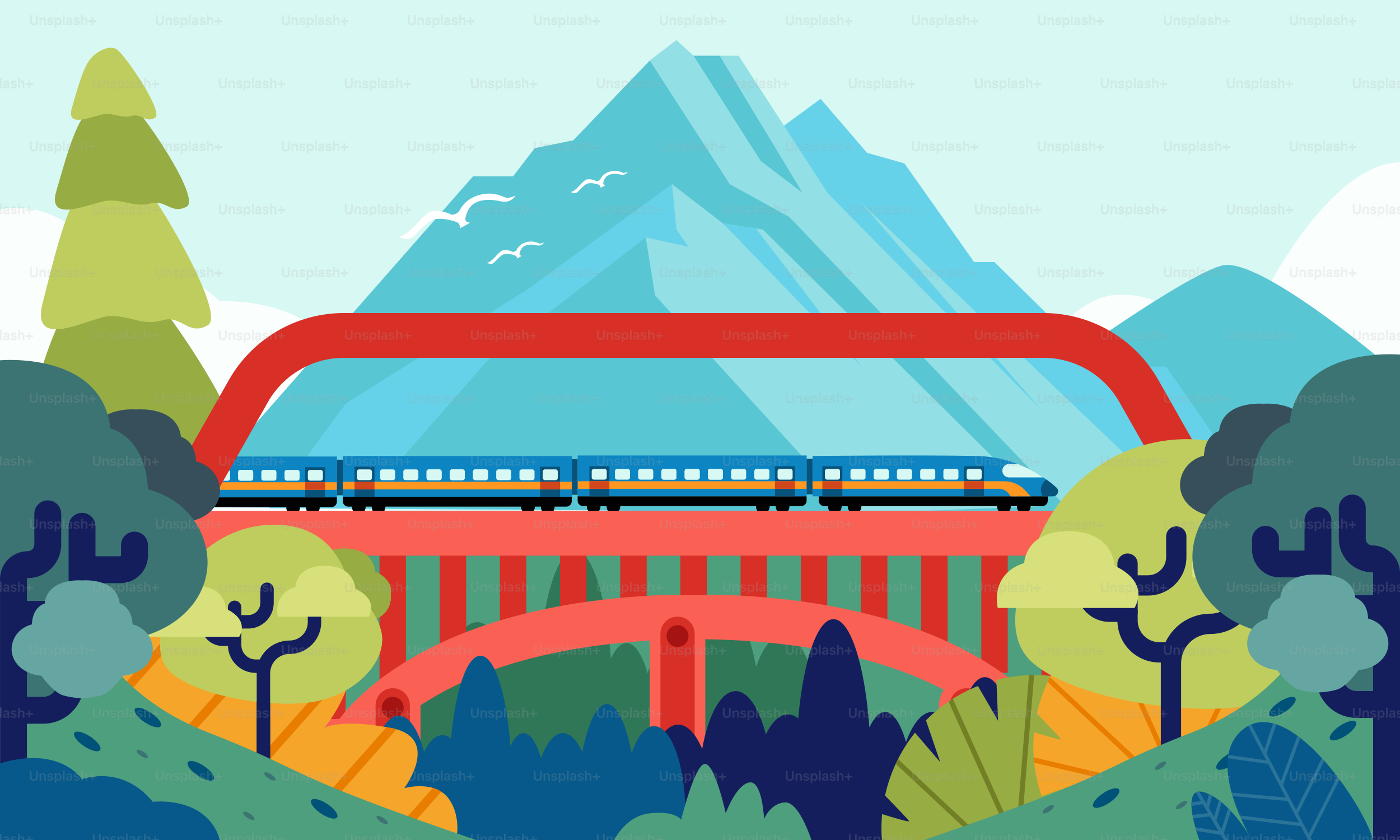 A train traveling over a bridge surrounded by trees