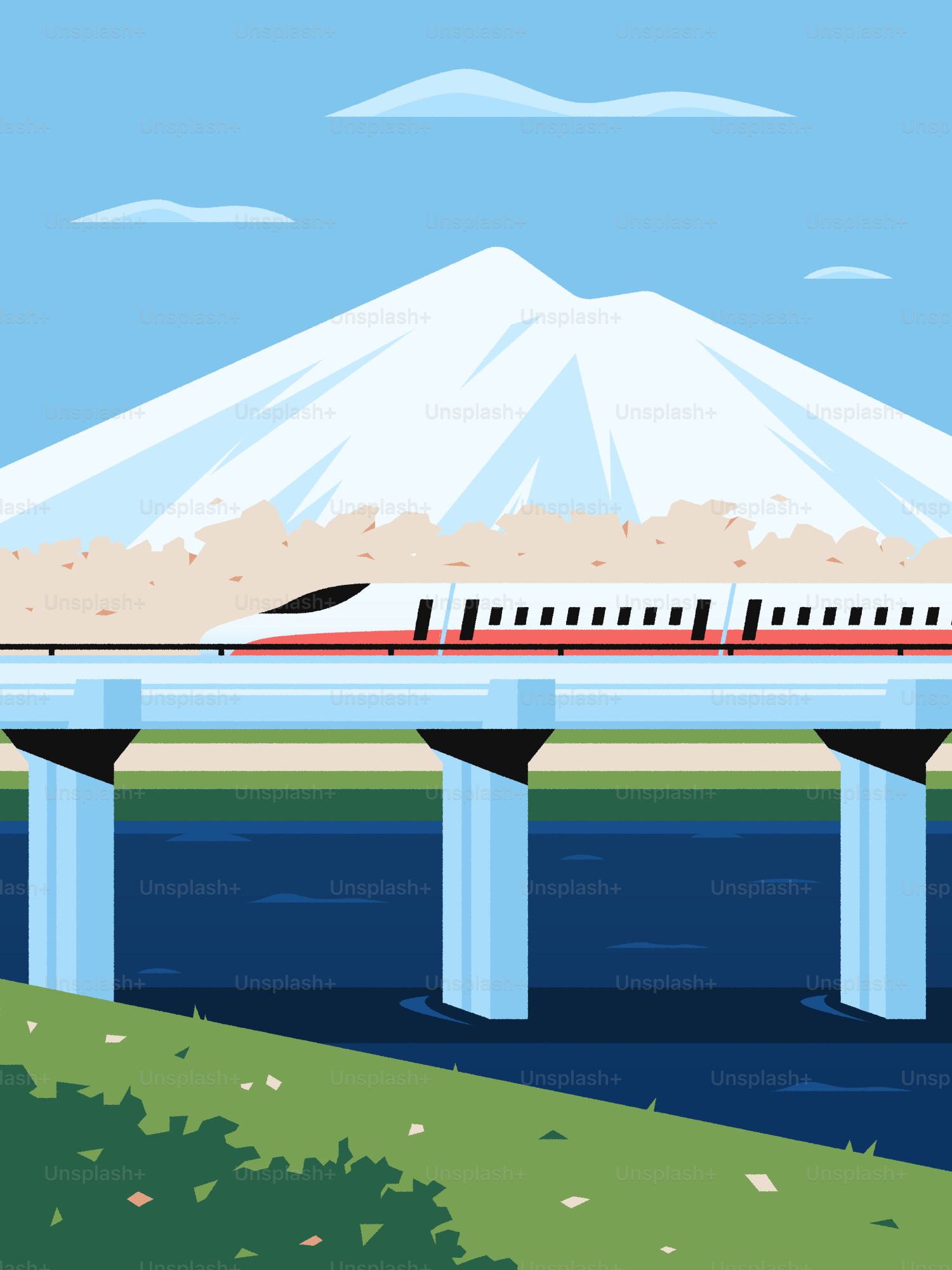 A train traveling over a bridge over a river