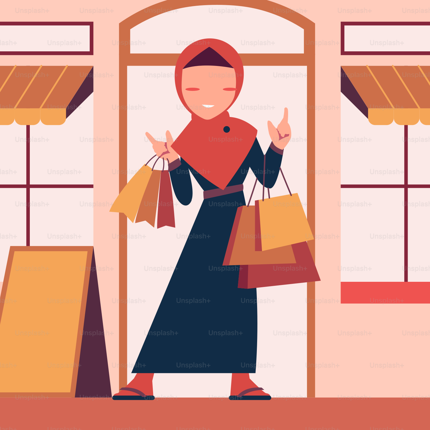 A woman holding shopping bags in front of a store