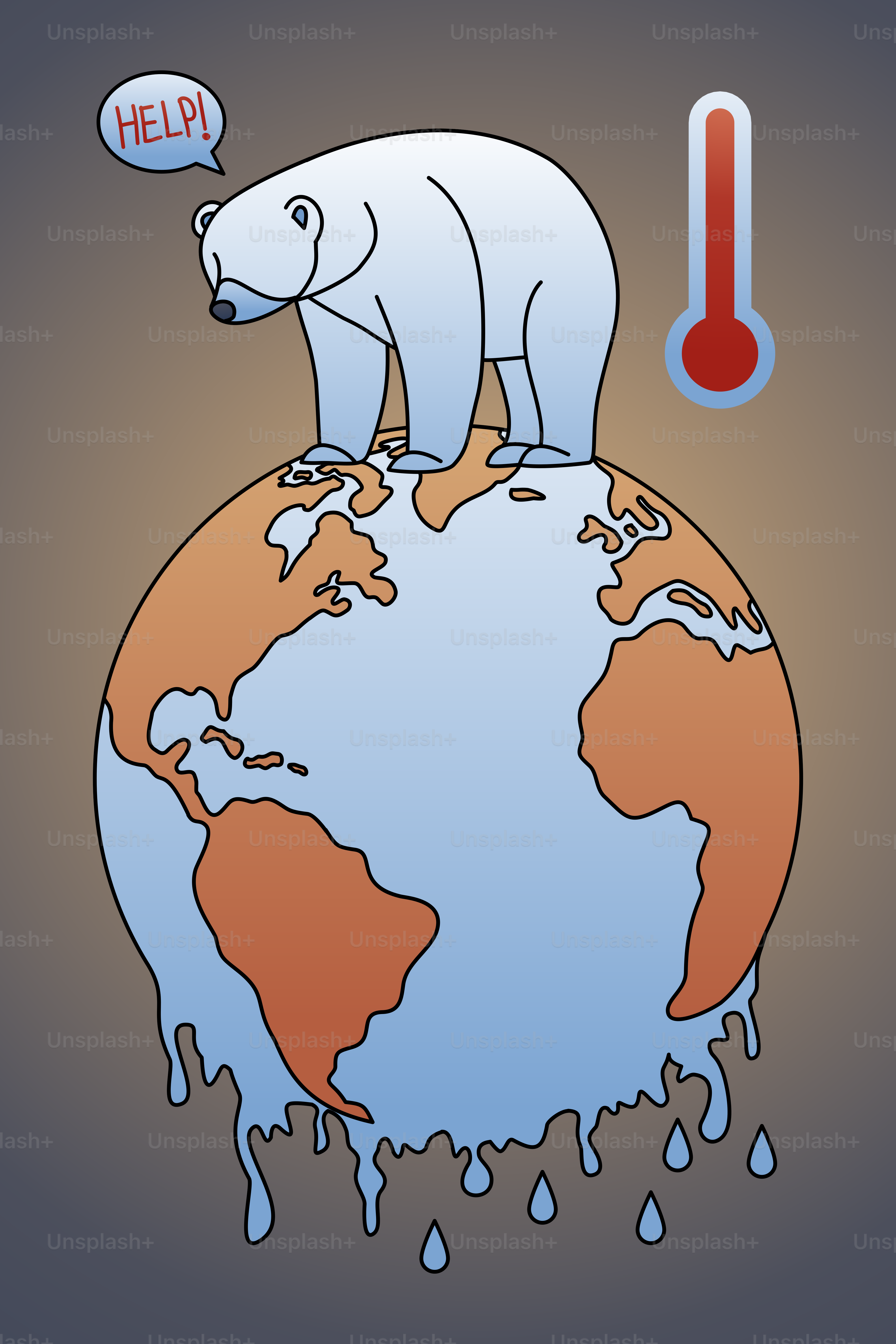 Un oso polar de pie sobre un globo terráqueo con un termómetro