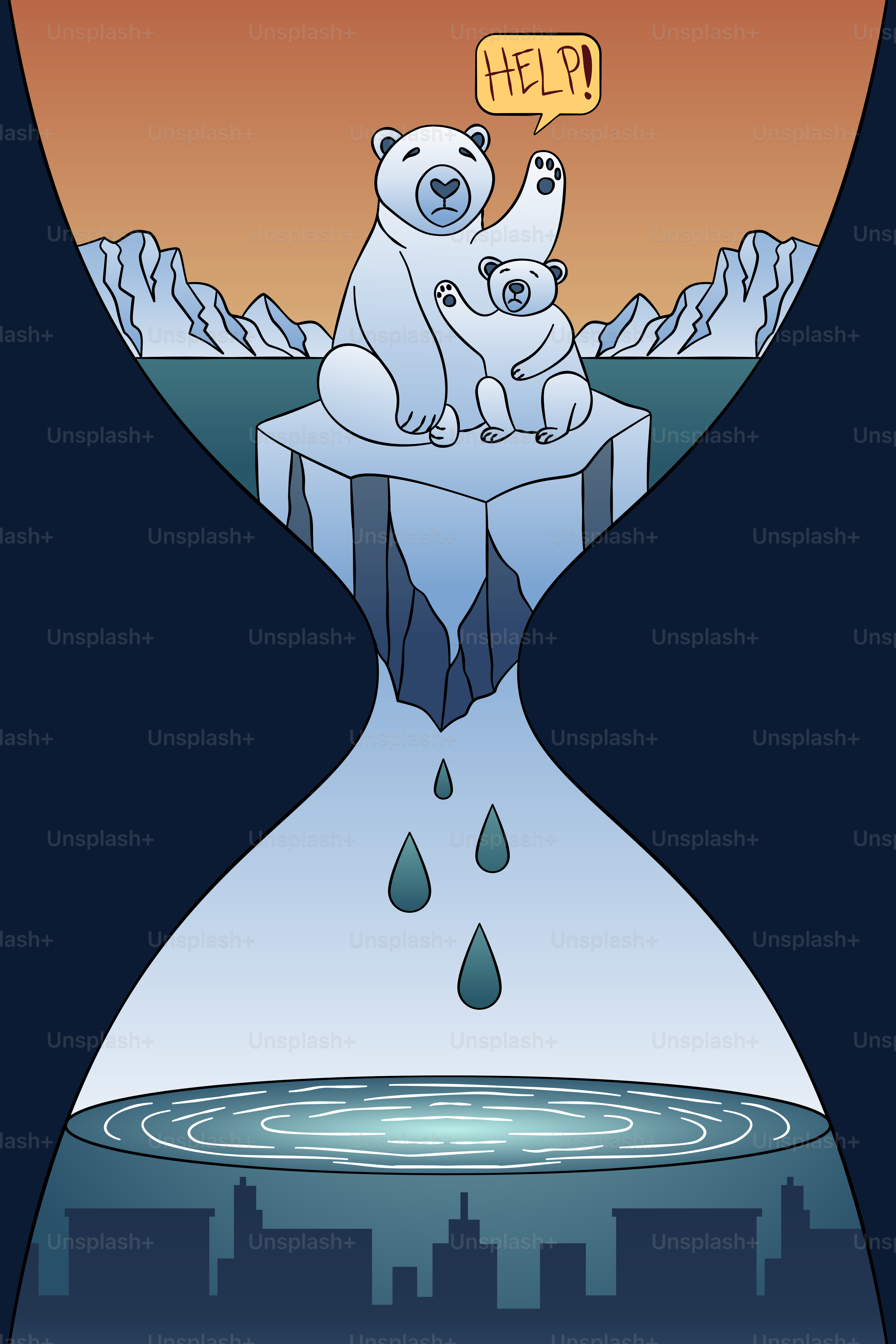 A polar bear sitting on top of an hourglass