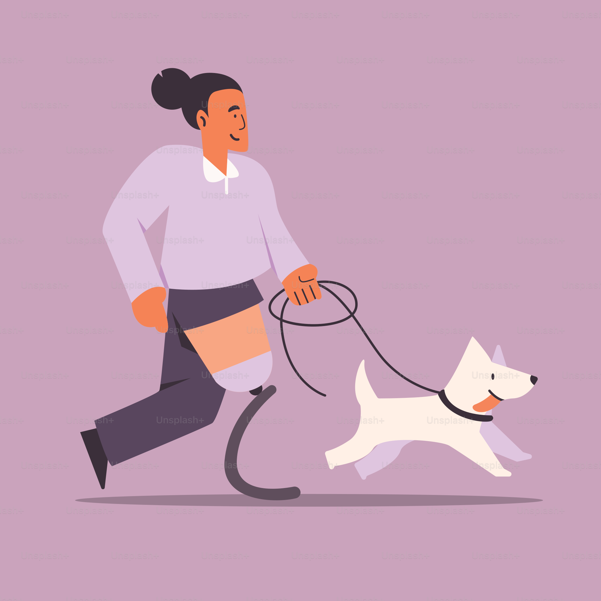 A woman walking a dog on a leash