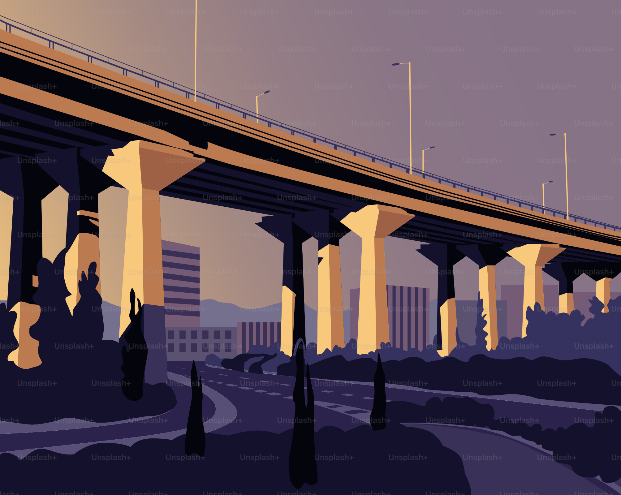 高層ビルが立ち並ぶ街にかかる大きな橋