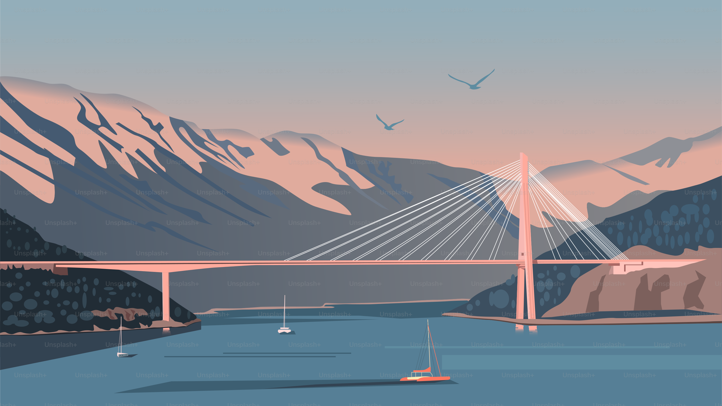 A bridge over a body of water with mountains in the background