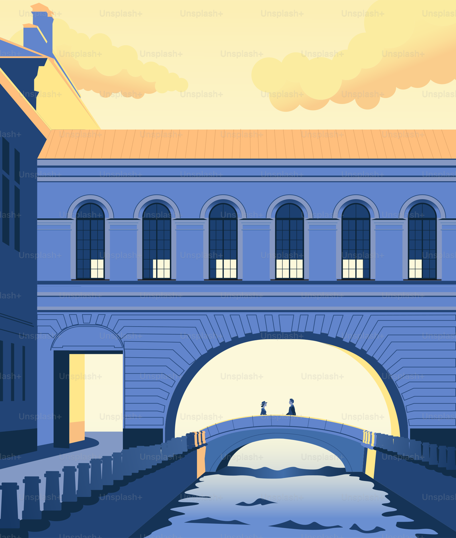 建物の隣の水辺にかかる橋