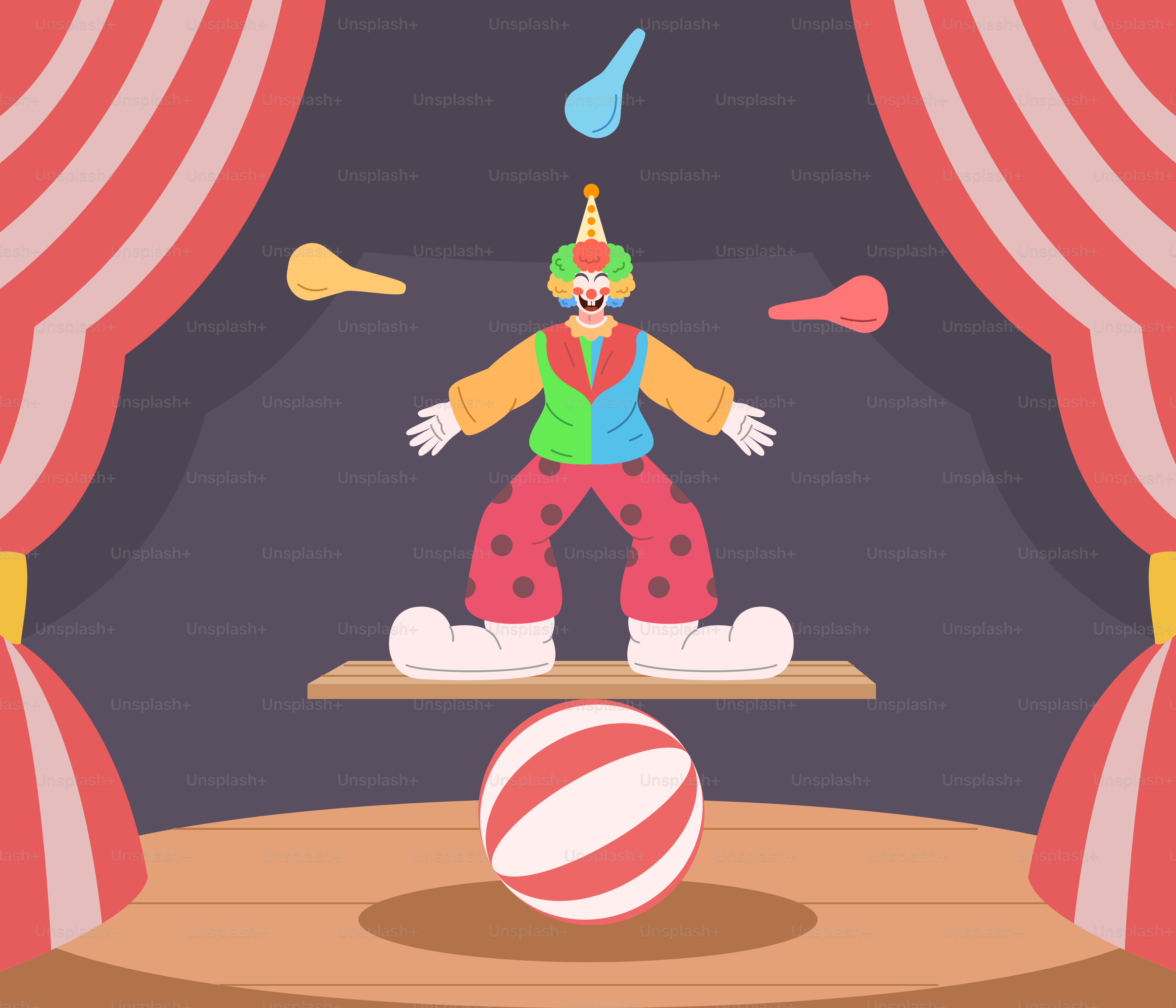 A clown standing on a stage with a ball