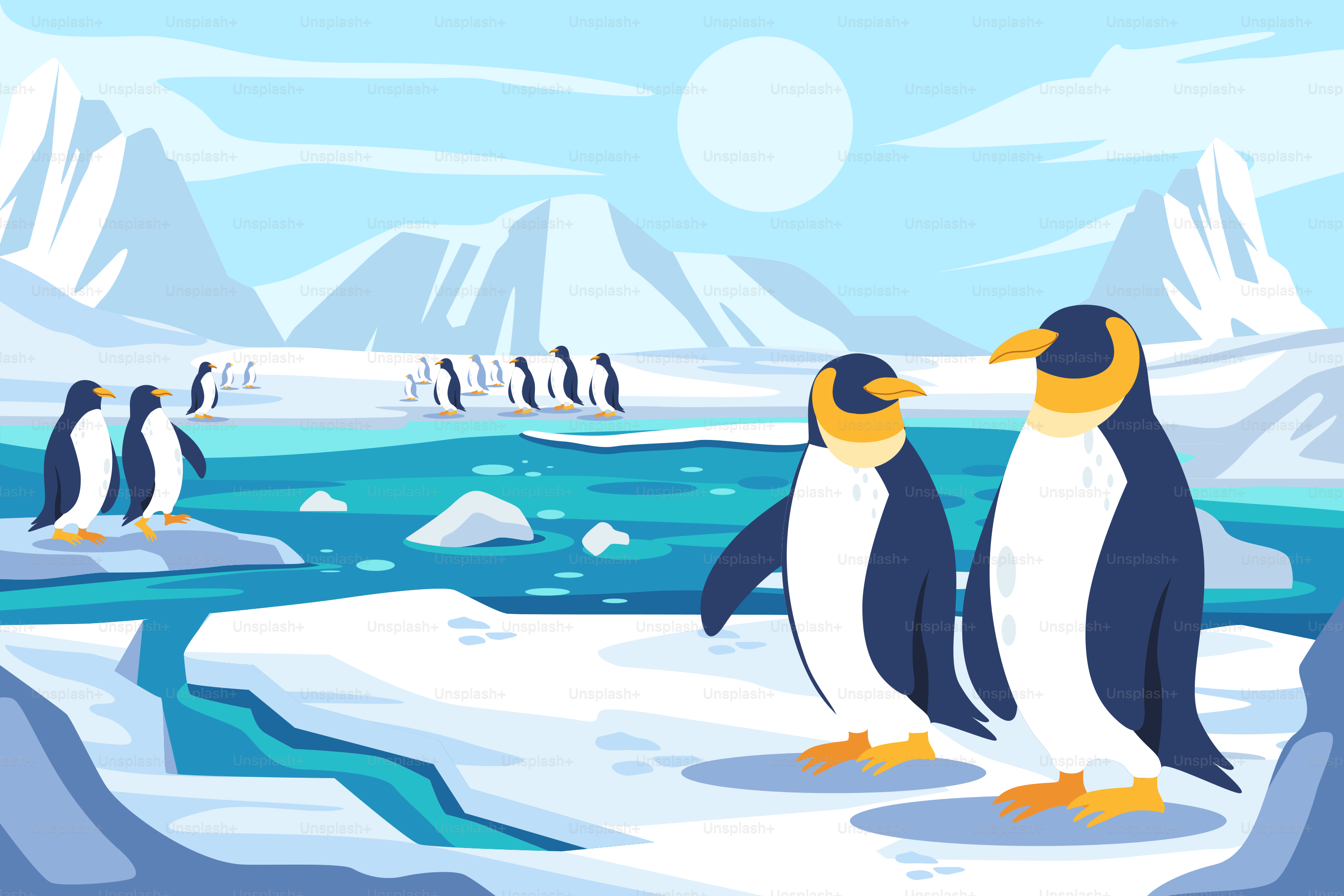 A group of penguins standing on top of a snow covered ground