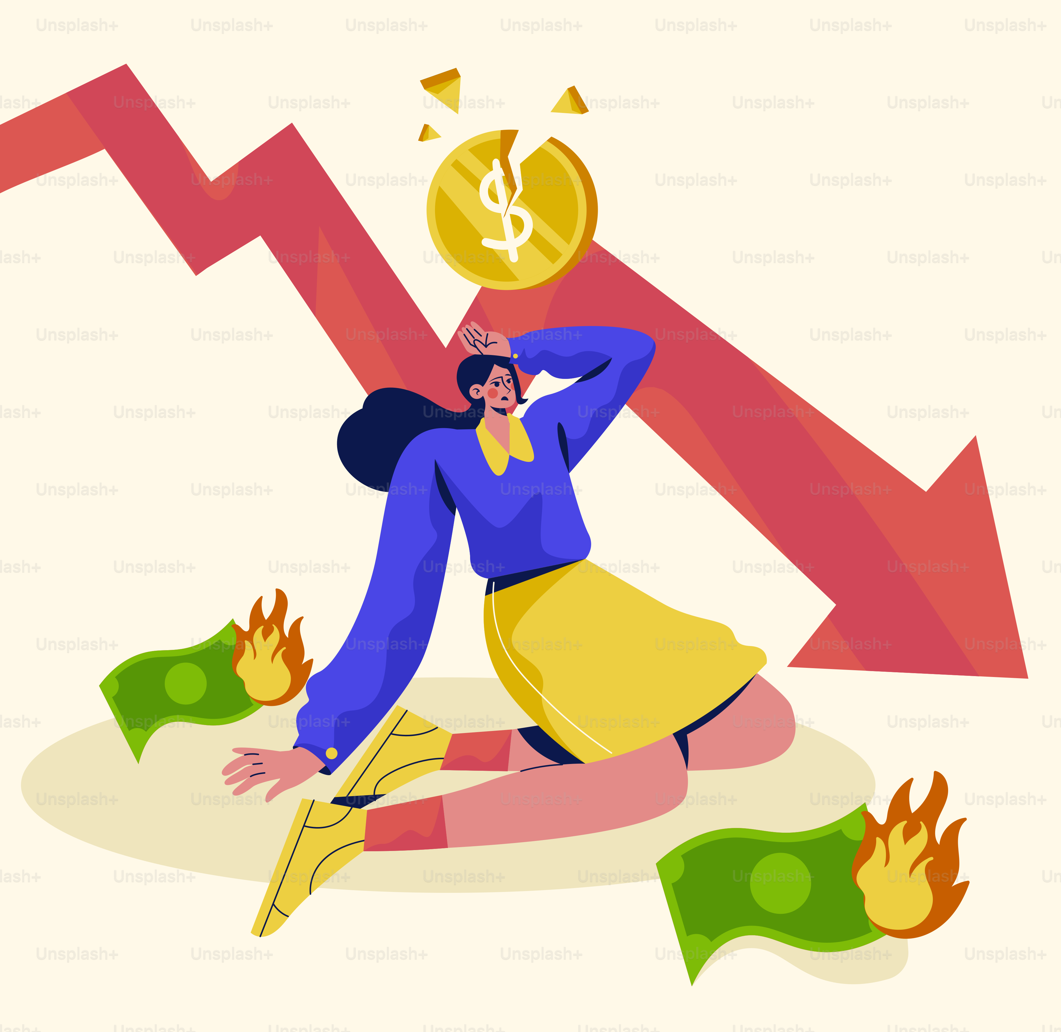 A woman sitting on the ground with a dollar sign above her head