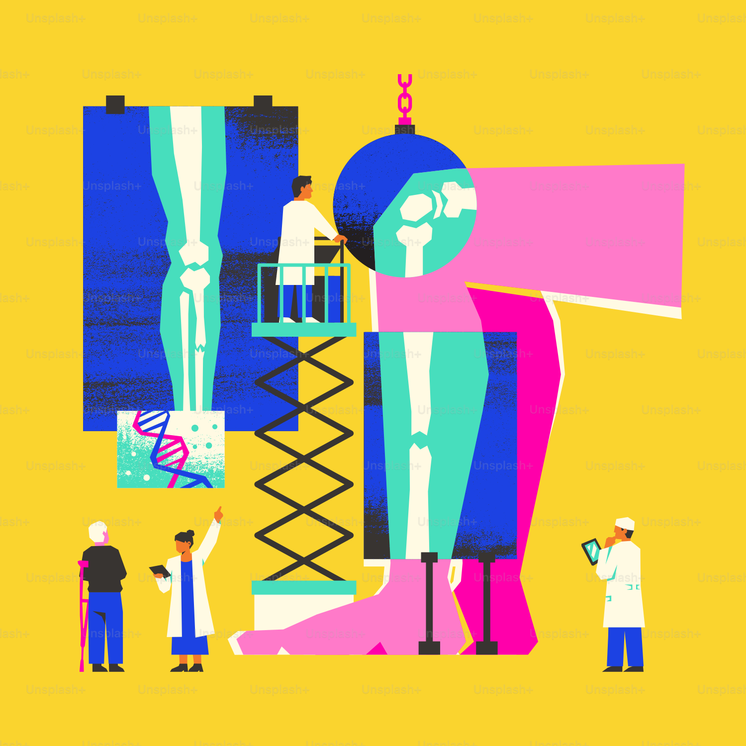 A group of people standing next to each other on a yellow background