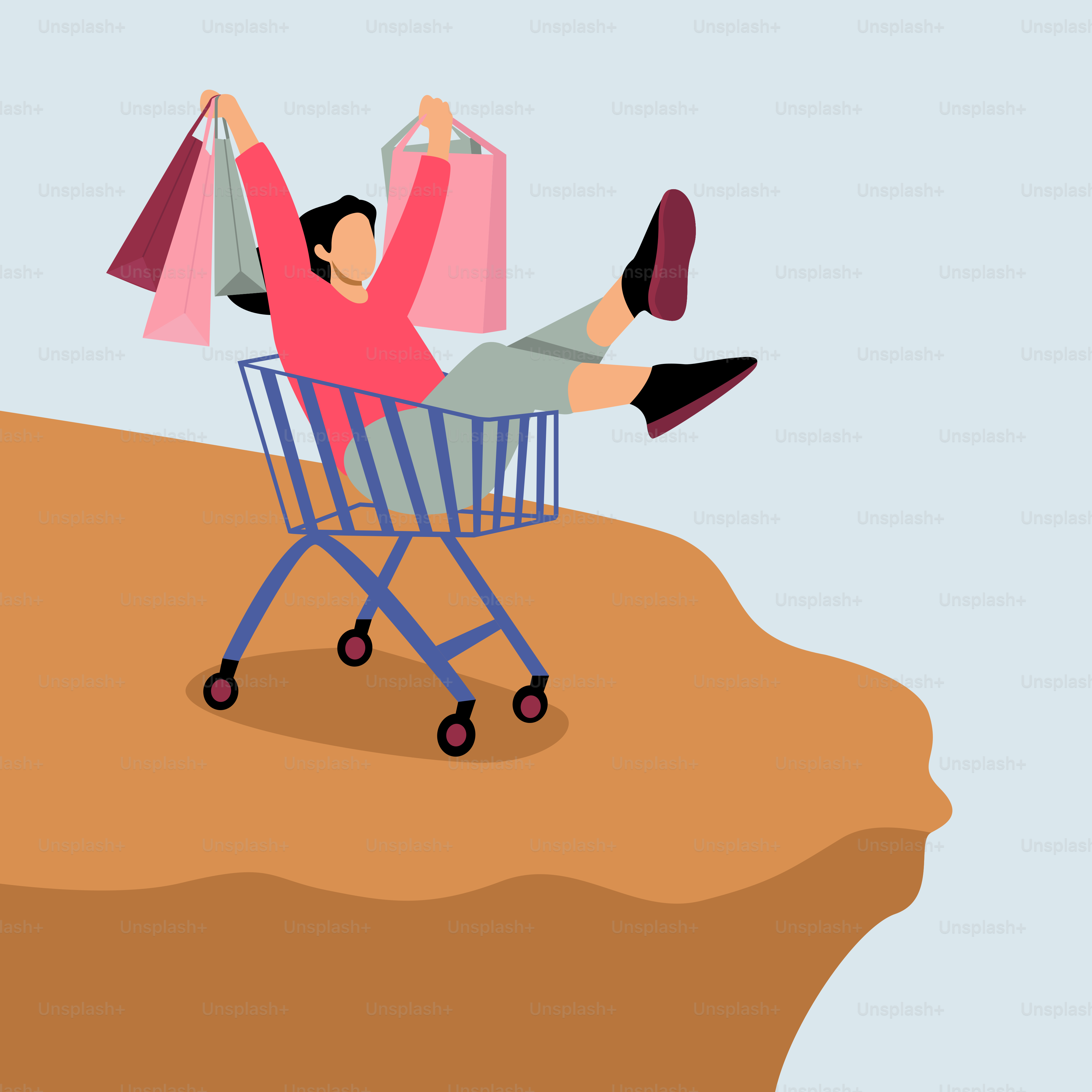 A man sitting in a shopping cart on top of a cliff