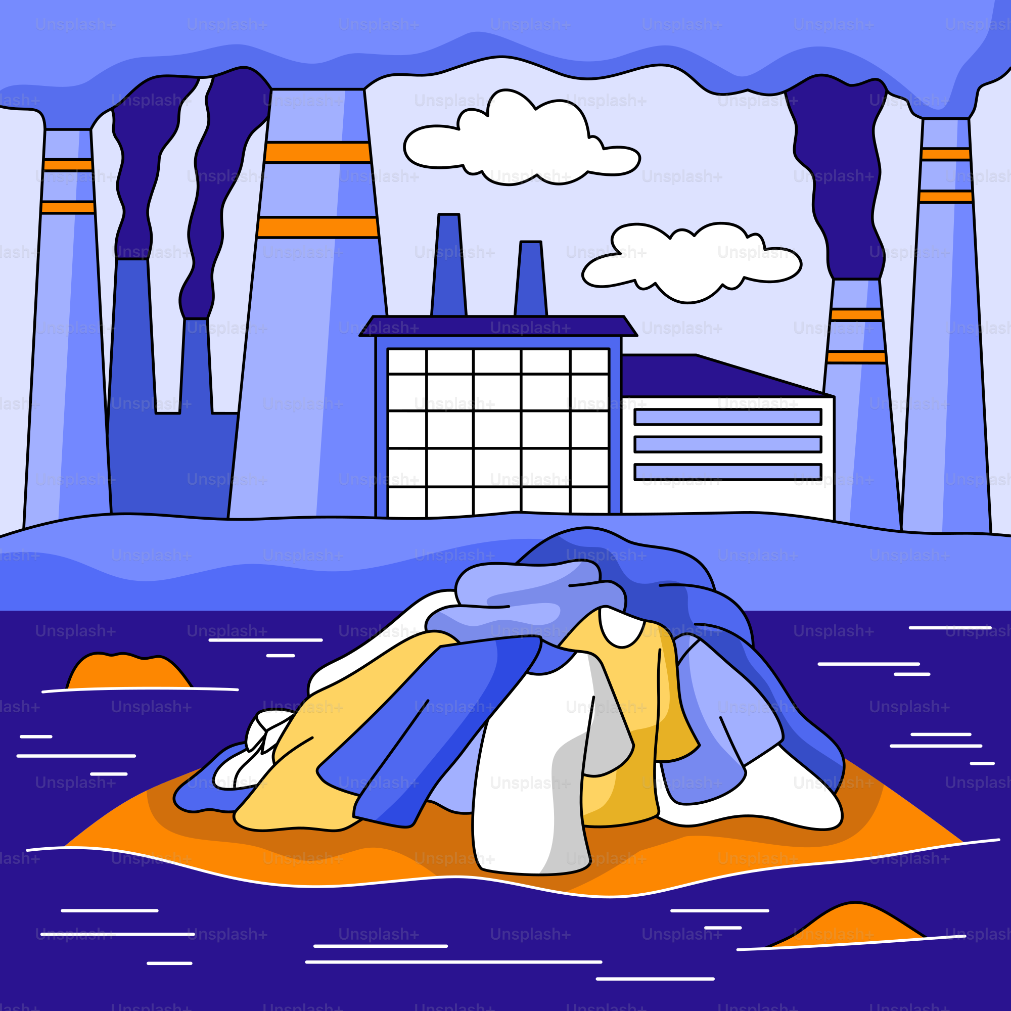 A picture of a building with a pile of stuff in front of it