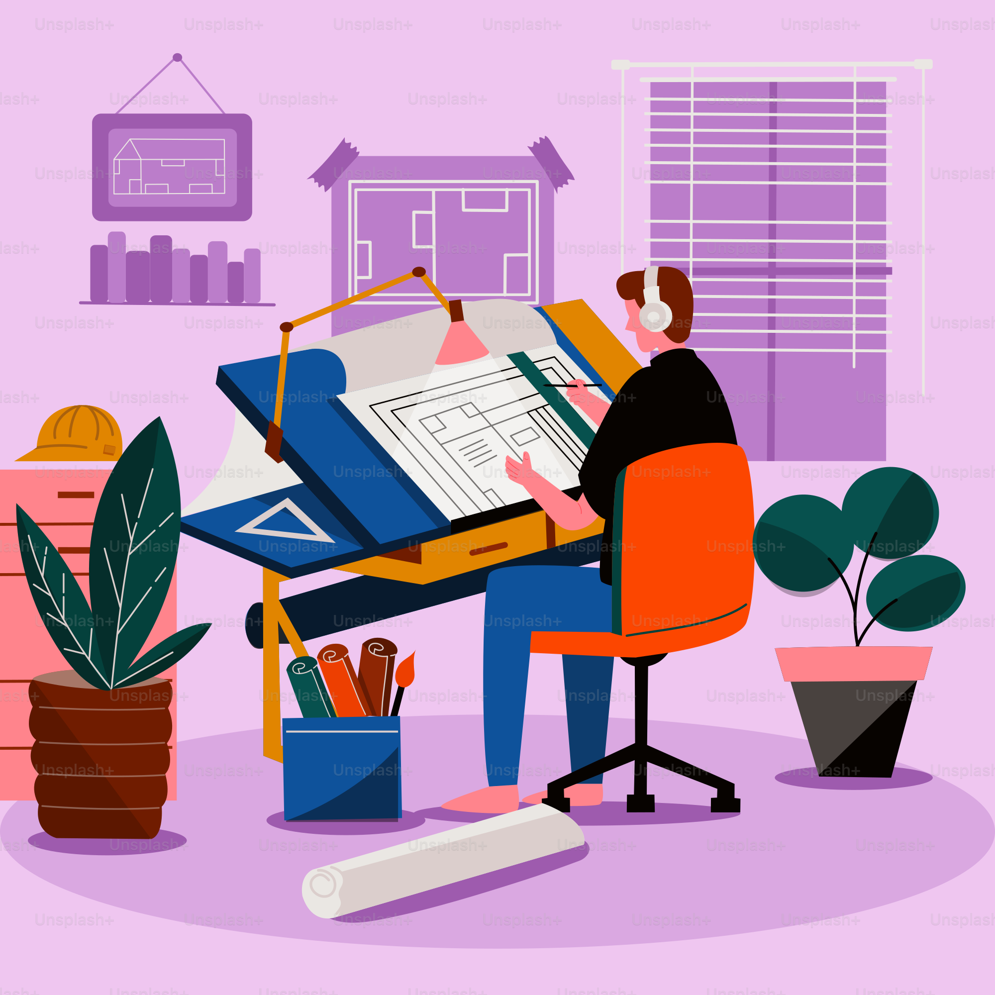 A person sitting at a desk with a drawing on it