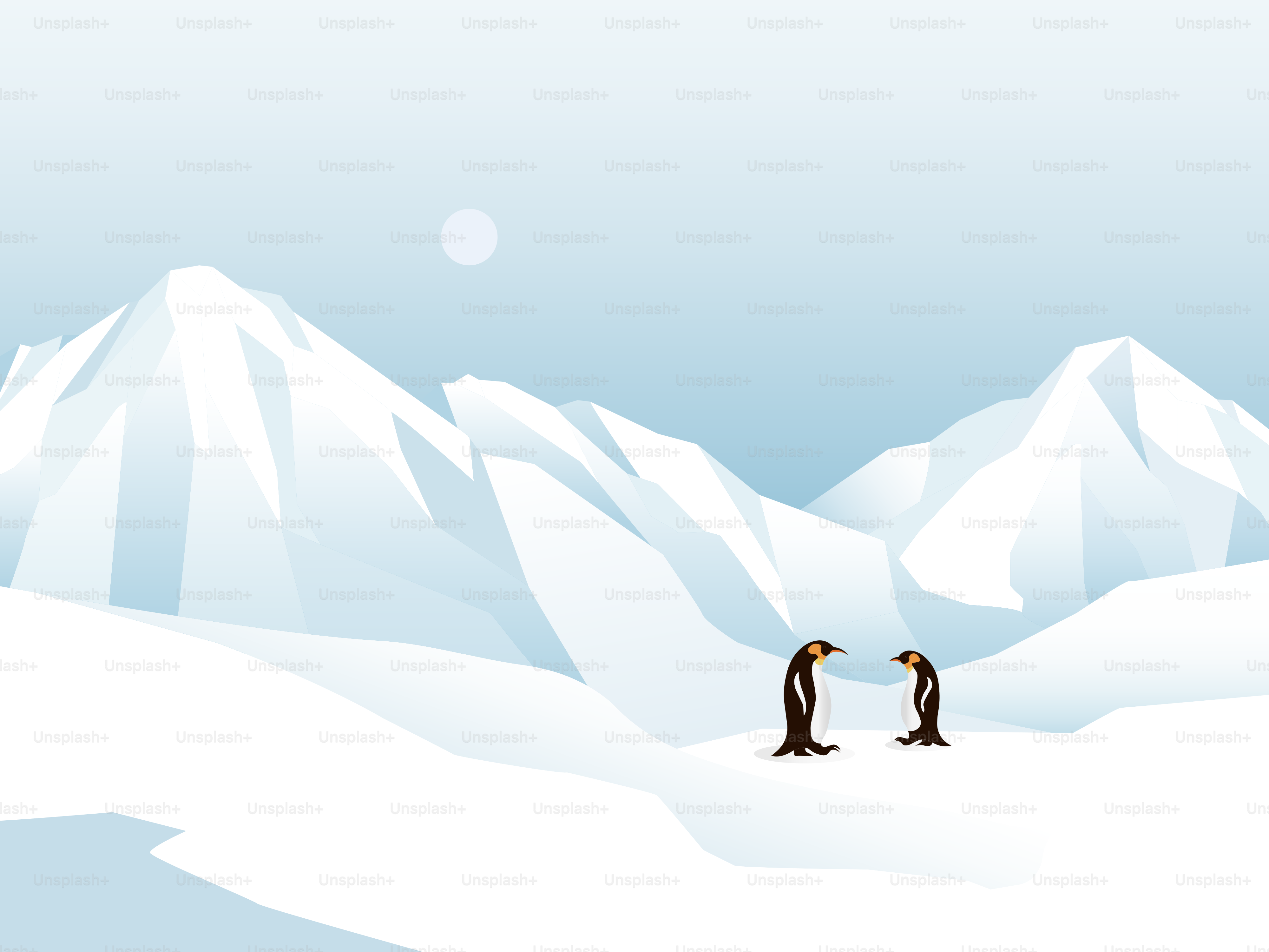 A couple of penguins standing on top of a snow covered slope