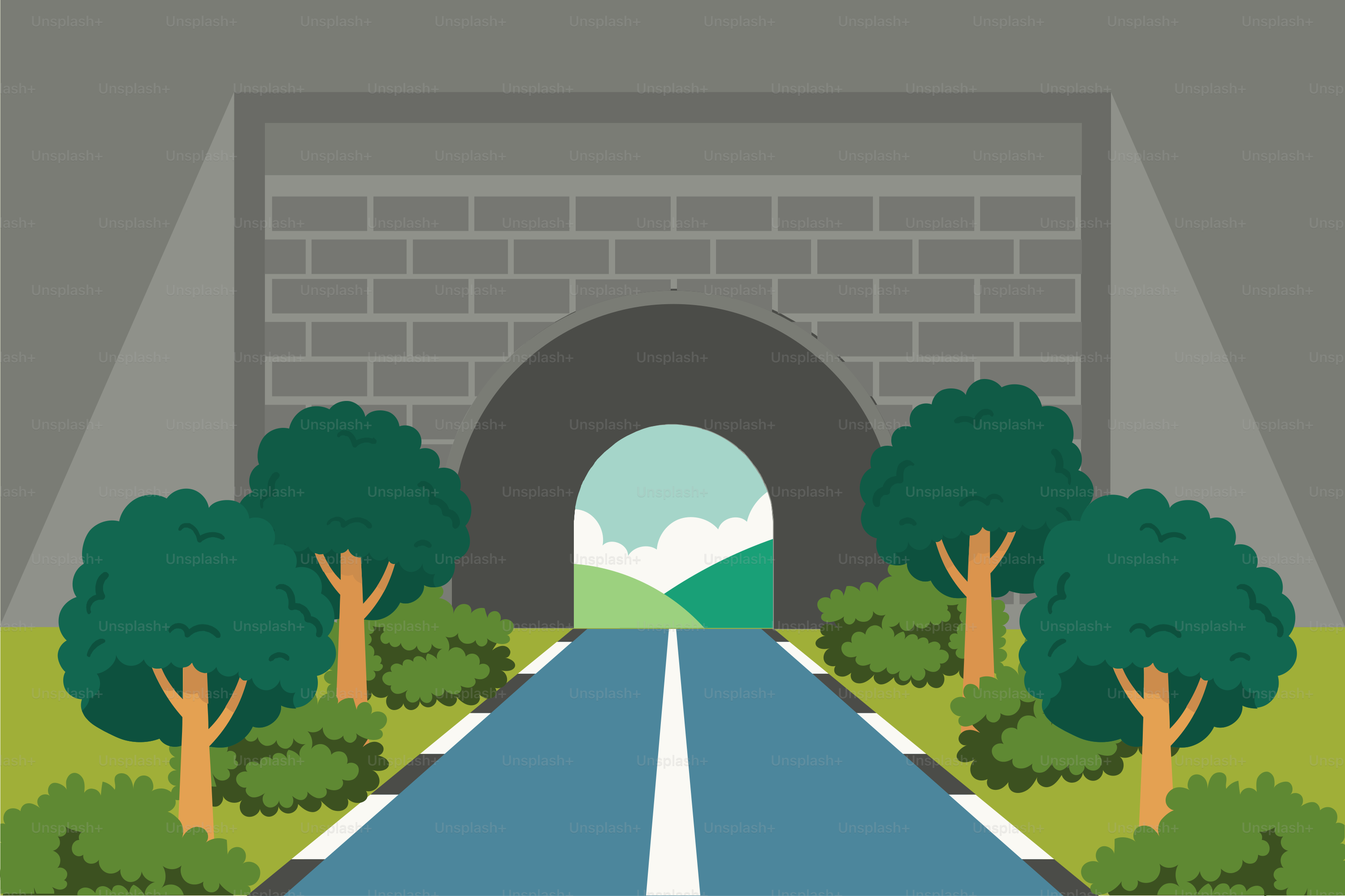 Eine Straße, die in einen Tunnel mit Bäumen auf beiden Seiten führt.