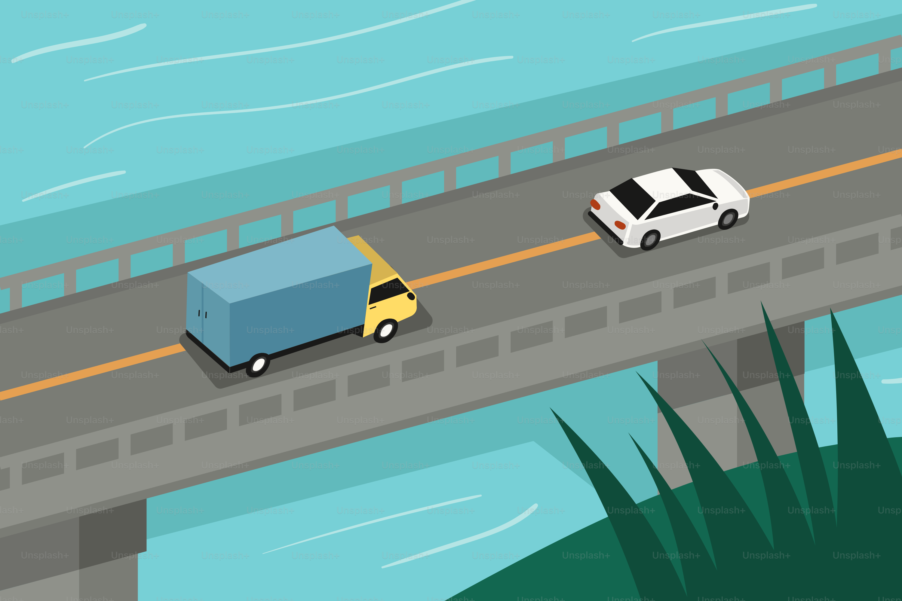 Two cars driving on a bridge over a body of water