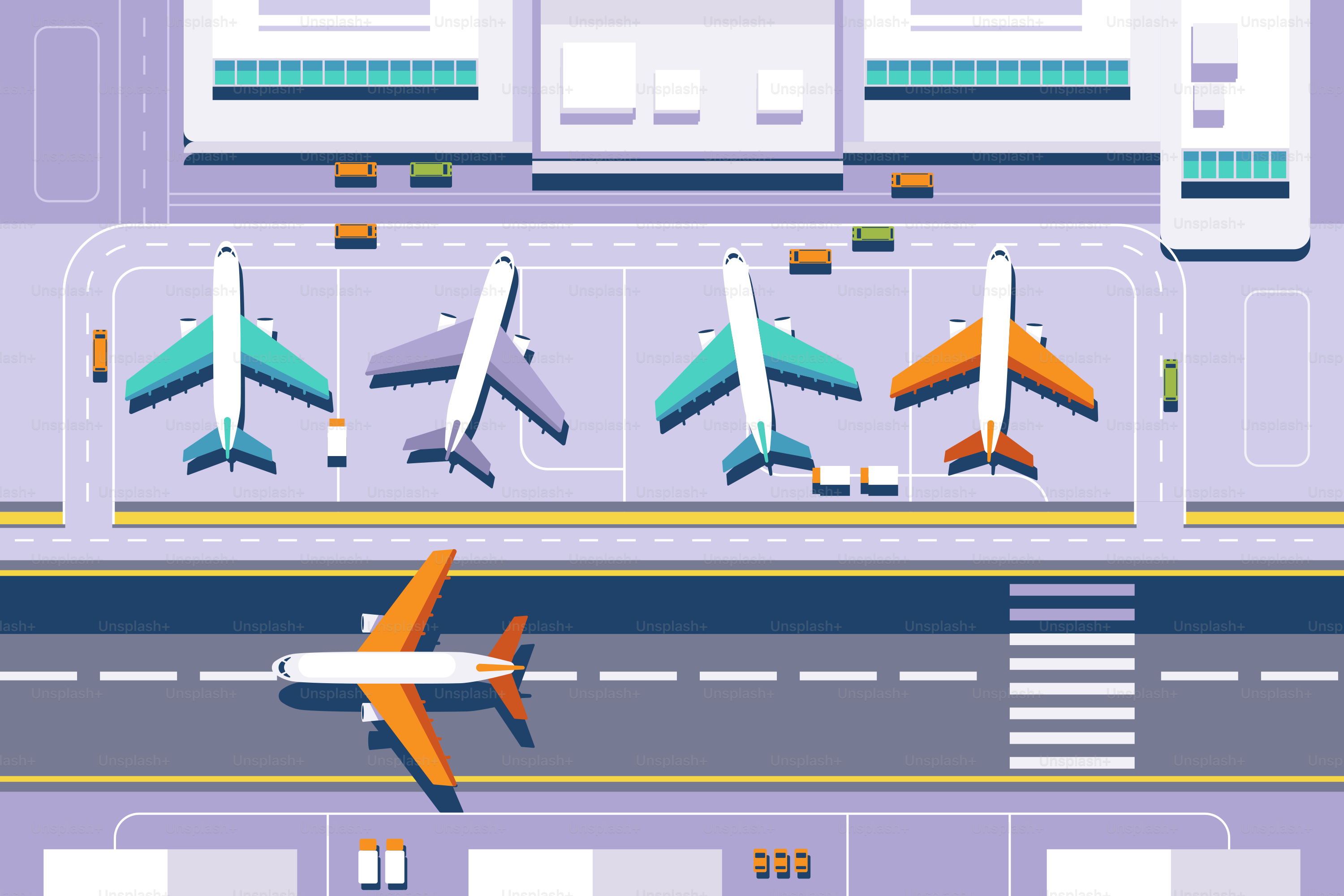 An aerial view of an airport with airplanes