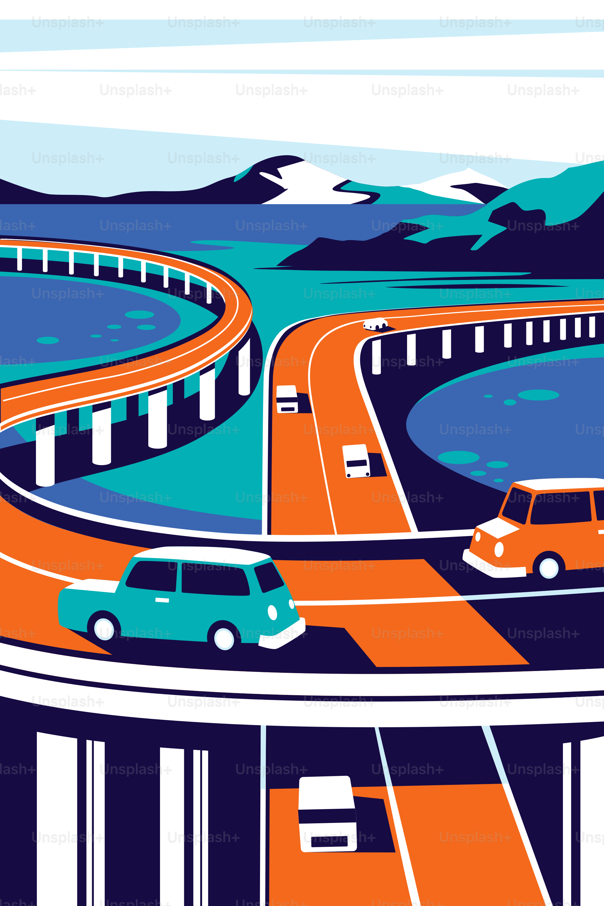 A poster of a highway with cars driving on it